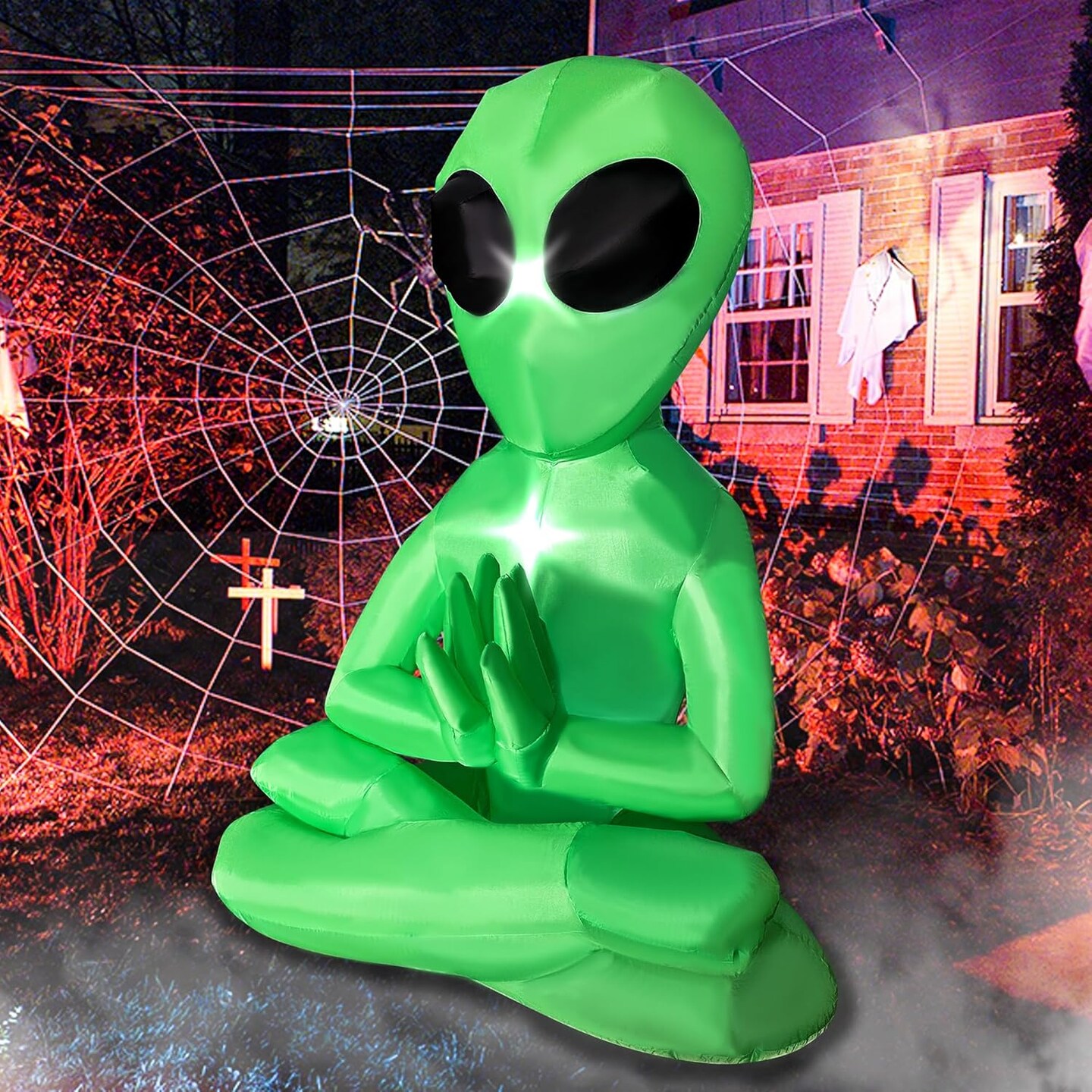 5 Ft Meditating Alien Blow Up Inflatables Yoga Alien Halloween Decorations with Build-in LEDs