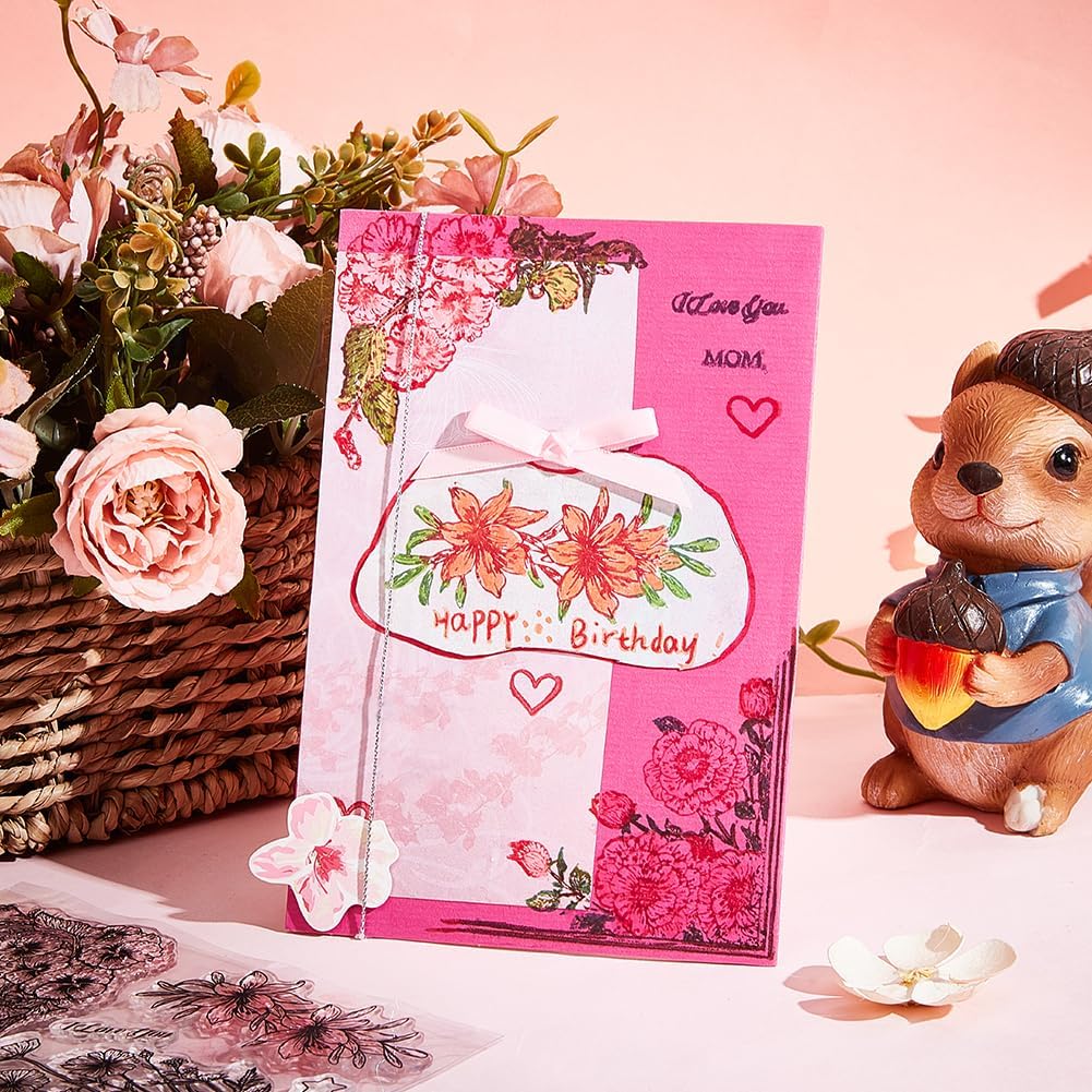 Spring Flowers Clear Stamps for Mother&#x27;s Day Card Making - Rose Silicone and Lily Rubber Floral Corner Stamp