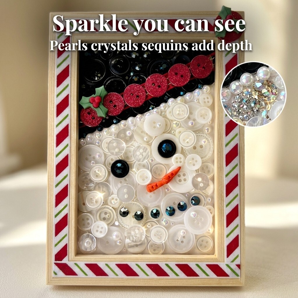 Winter Snowman DIY Button Art Frame Kit - Natural Wood, Holiday Craft Kit