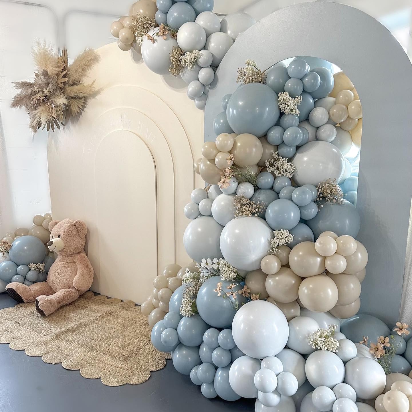 Dusty Blue White Sand Balloon Arch Garland Kit 141pcs Slate Fog Baby Blue Sand White Beige Cream Balloons for Boy Girl Bear Theme Baby Shower Gender Reveal Party Decorations