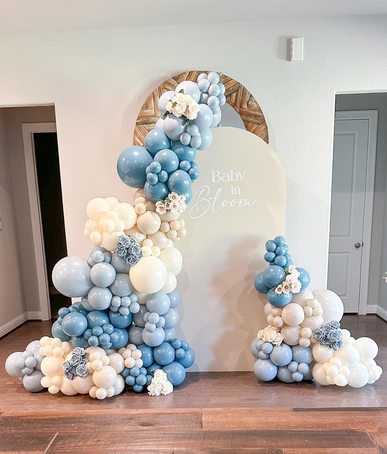 Dusty Blue White Sand Balloon Arch Garland Kit 141pcs Slate Fog Baby Blue Sand White Beige Cream Balloons for Boy Girl Bear Theme Baby Shower Gender Reveal Party Decorations