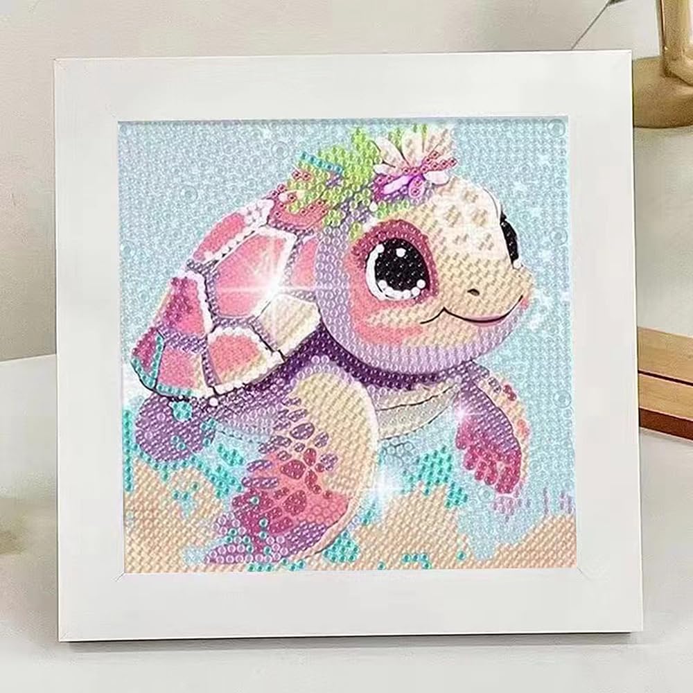 Cute 5D Diamond Art Kits with Wooden Frame, Kawaii DIY Painting Art for Adults Kids, Diamond Arts and Crafts Sets, Big Gem Full Drill Diamond Dots for Women (Turtle)