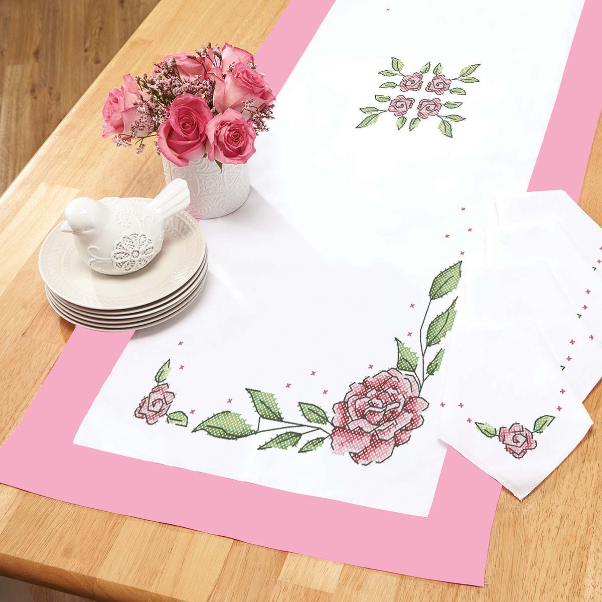 Herrschners Tea Rose Table Runner & Napkins Stamped Cross-Stitch Kit