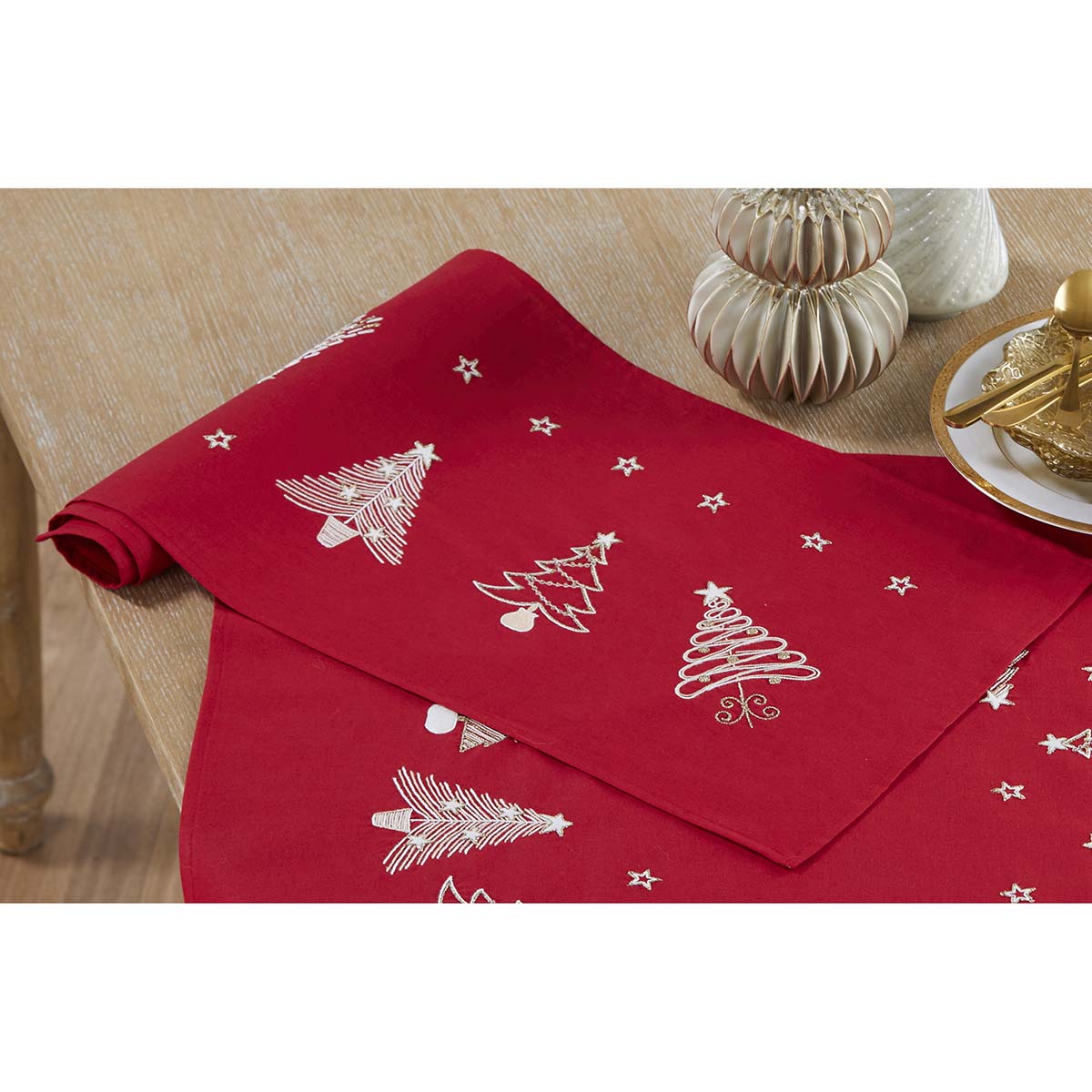 Craftways Golden Christmas Trees Table Runner Stamped Embroidery