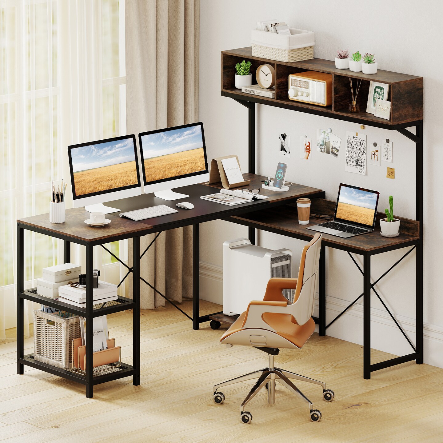 Corner L-Shaped Desk 62 Inch with Storage Hutch and Charging Ports