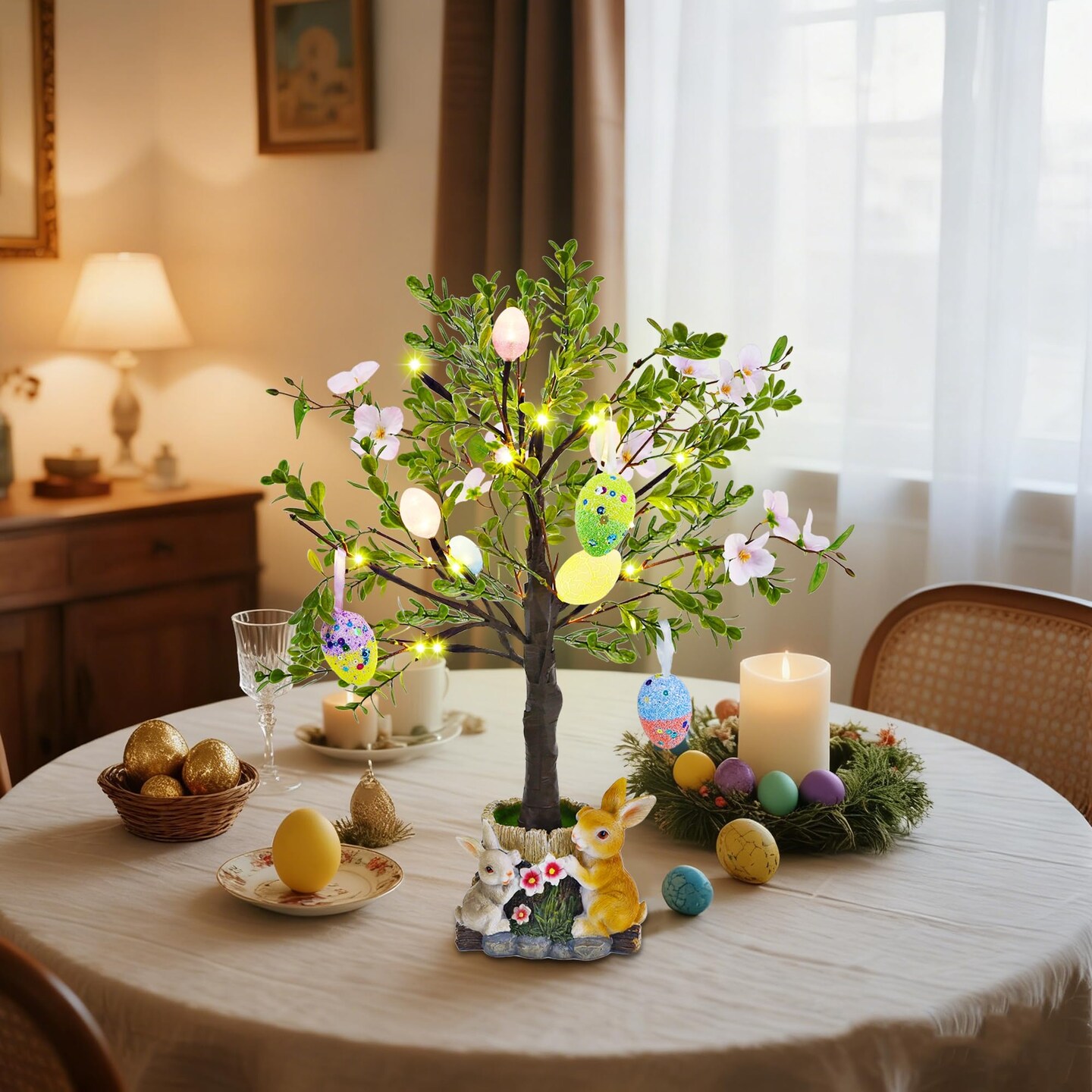 Lighted Easter Tree 23.5 Inch - Pre-Lit Easter Decorations for Table with Eggs & Bunny Pot, Spring Trees Centerpiece with Lights for Dining Room, Home, Mantel, Office Décor