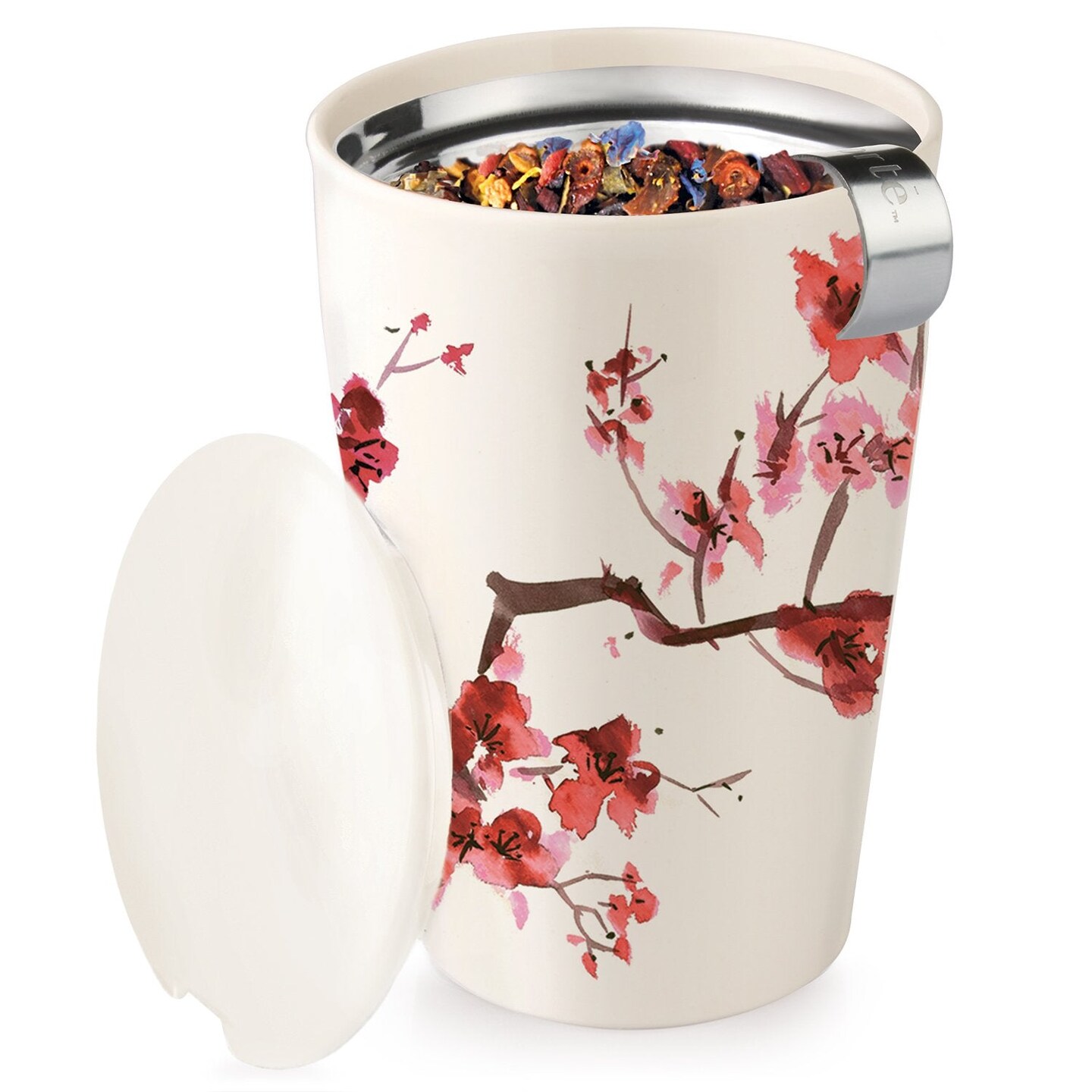Tea Forte Double-Walled Ceramic Kati Cup, Removable Stainless Steel Infuser Basket and Lid, Steeps 12 oz Loose Leaf Tea, Dishwasher & Microwave Safe, Cherry Blossom