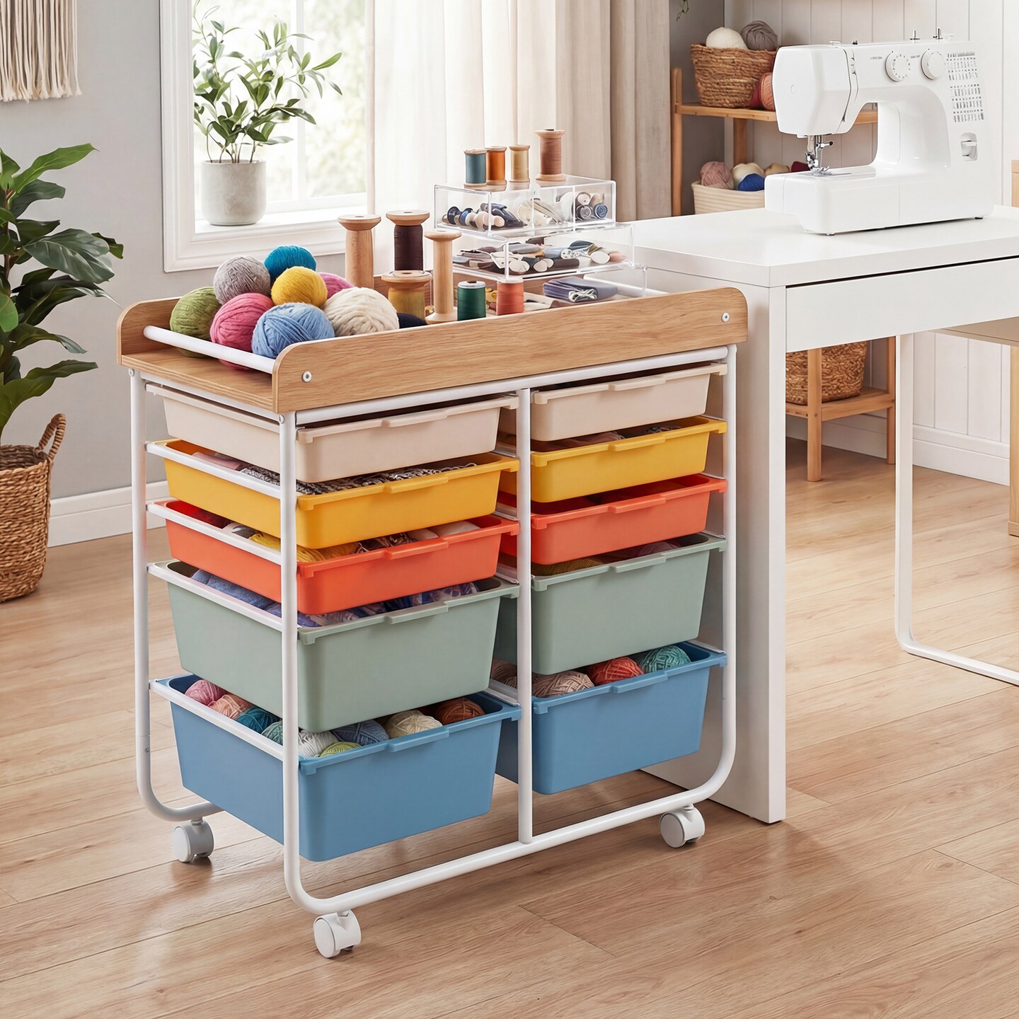 10 Drawer Rolling Storage Cart With Wheels Organizer MDF Top Metal Frame For Office Craft Supplies
