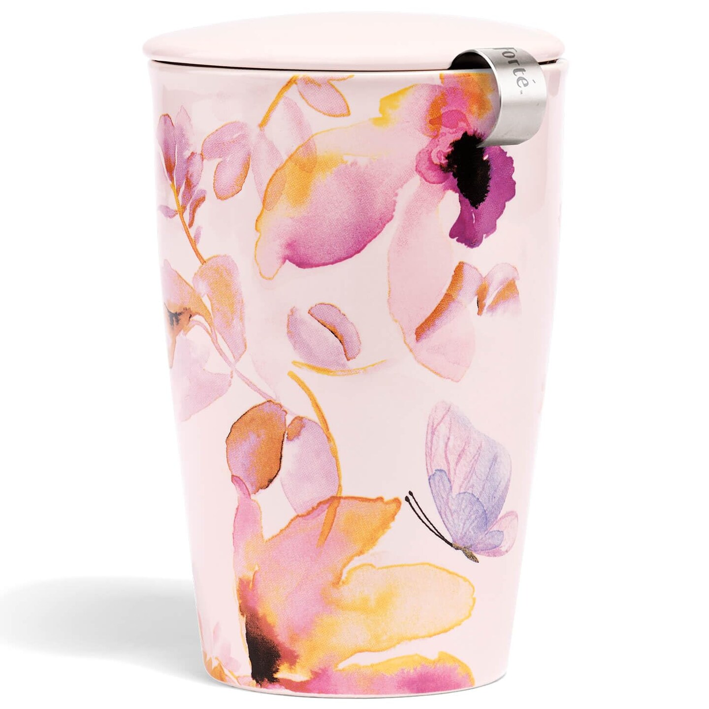 Tea Forte Double-Walled Ceramic Kati Cup, Removable Stainless Steel Infuser Basket and Lid, Steeps 12 oz Loose Leaf Tea, Dishwasher & Microwave Safe, Mariposa
