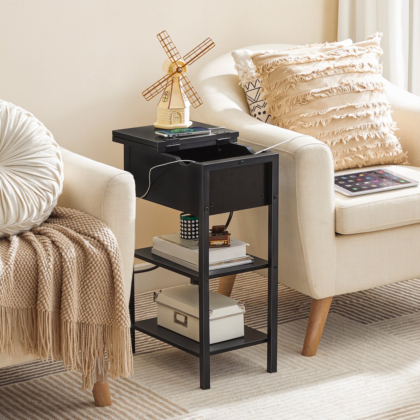 End Table Wood Metal Charging Station Flip-Top Drawer Storage