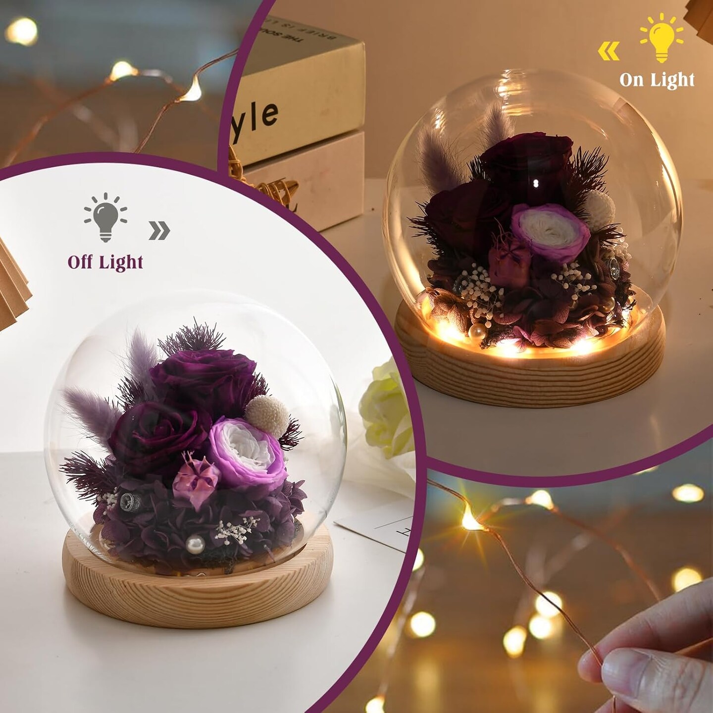 Valentines Gifts for Her, Flowers for Delivery Prime, Preserved Real Rose in Glass Dome with LED Light, Gifts Idea for Women Wife Mom Grandma on Anniversary Birthday Mothers Day