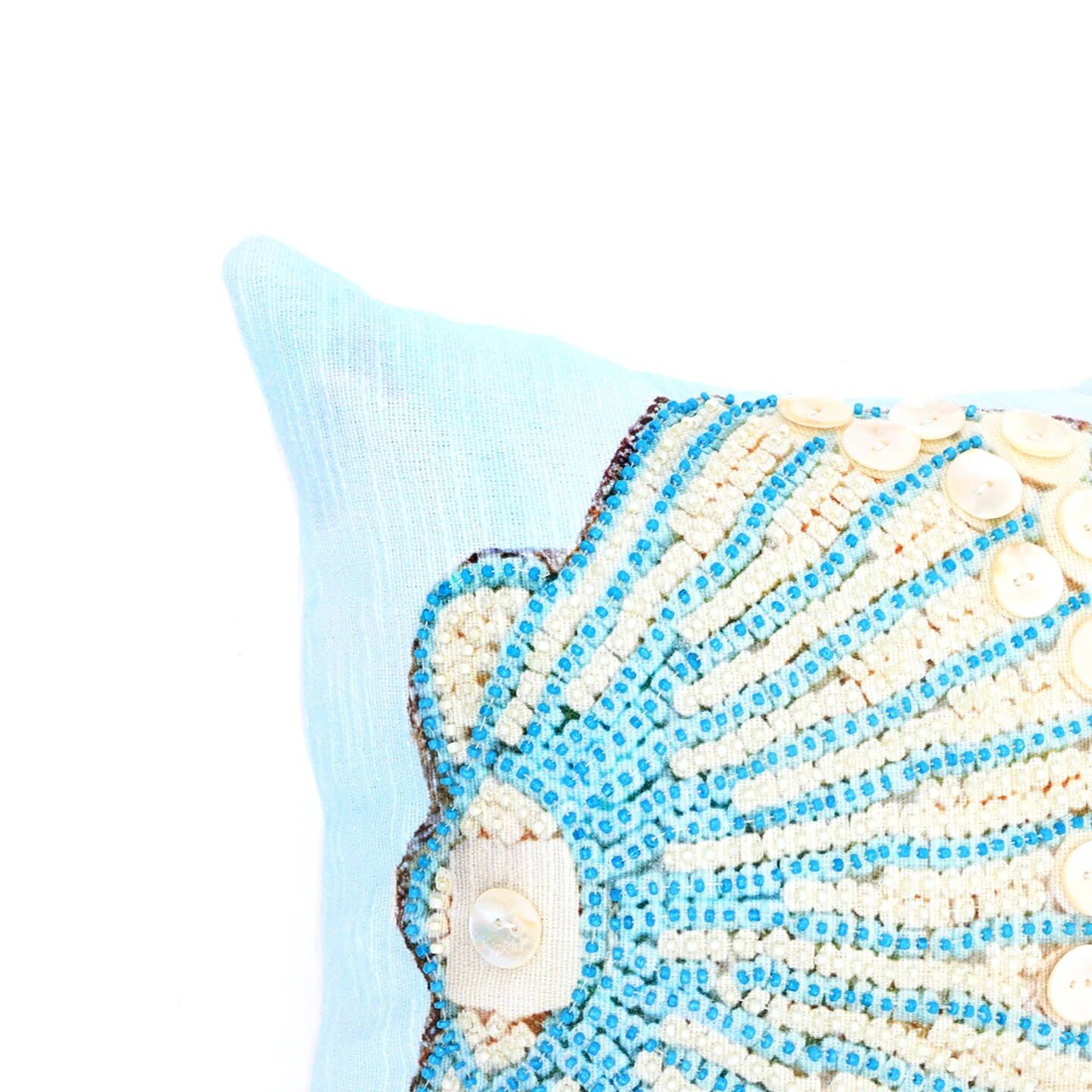 Handcrafted Print and Beadwork Seashell Throw Pillow-Blue &#x26; Ivory 18&#x22;x18&#x22; Cushion