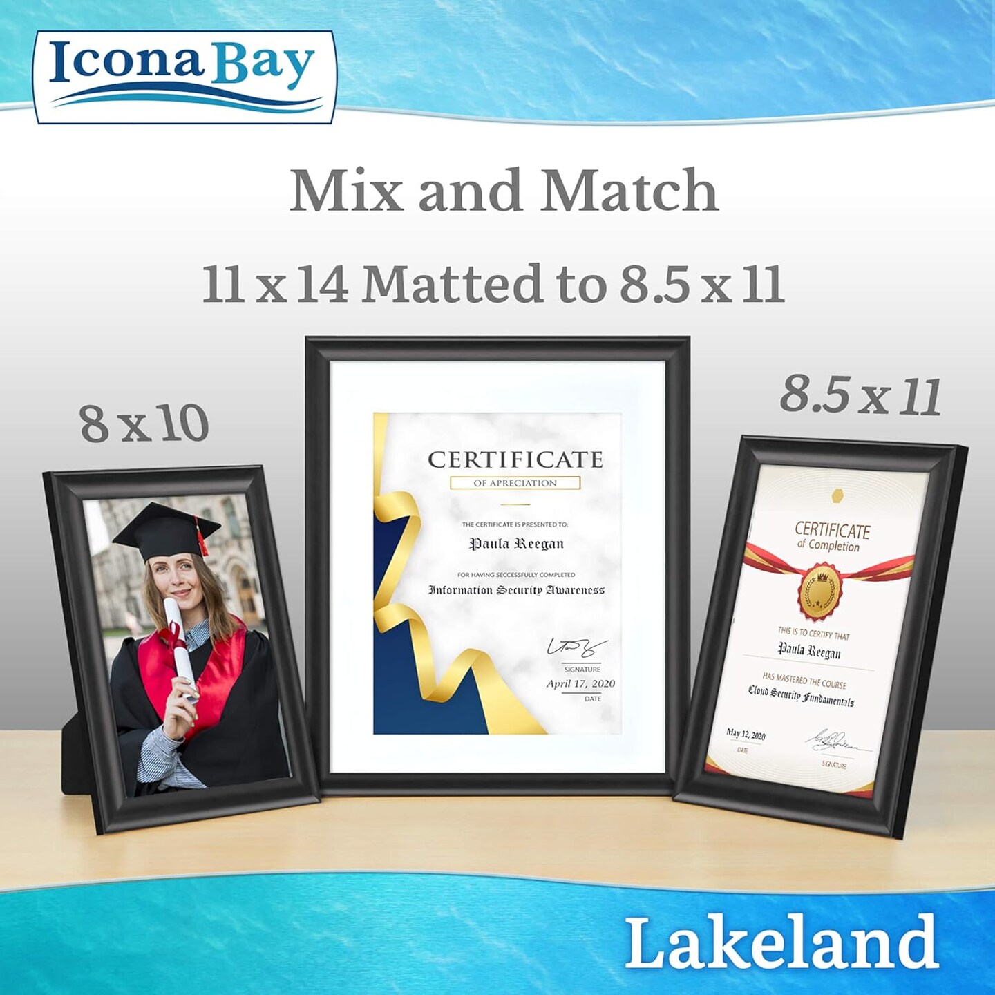 8.5x11 Certificate Frames - Black, 6 Pack - Contemporary Diploma Frames 8.5 x 11 - Composite Wood Document Frames for Walls or Table Top - Lakeland Collection