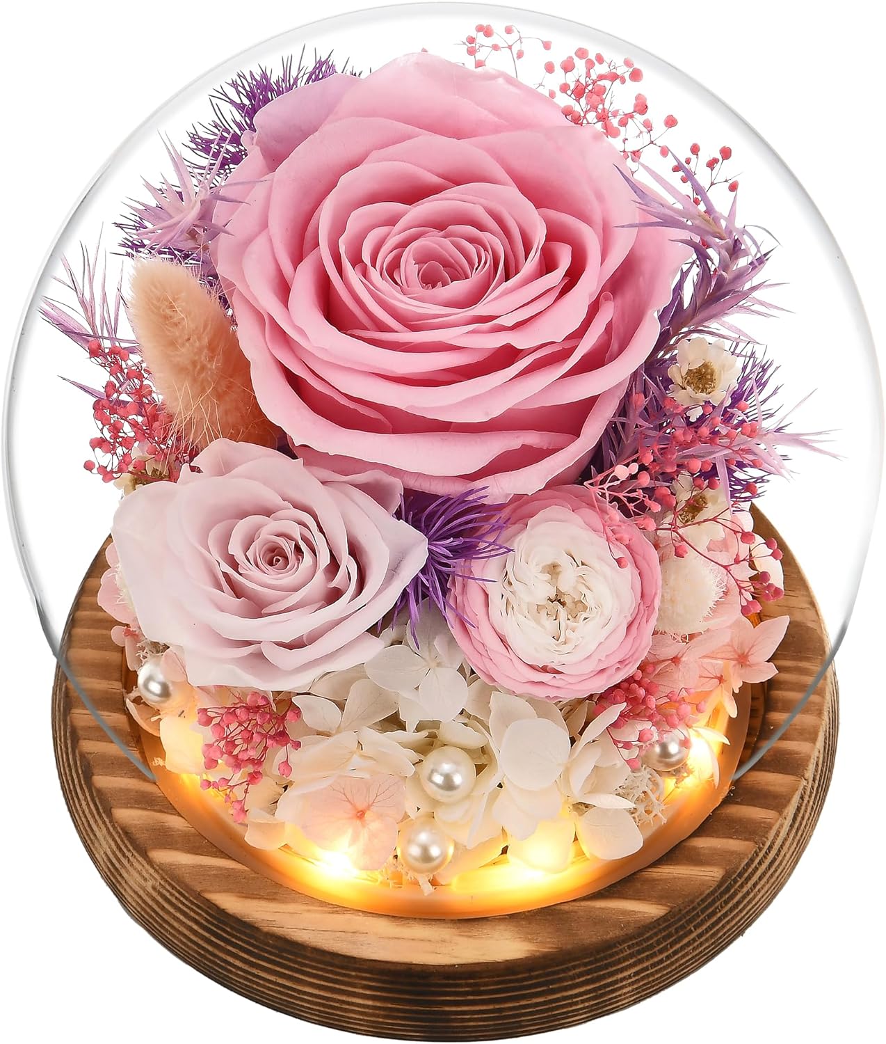 Gifts for Women Mom Grandma, Preserved Flowers Roses in Glass Dome with LED Light, Mother Day Birthday Valentine Gifts (Pink)