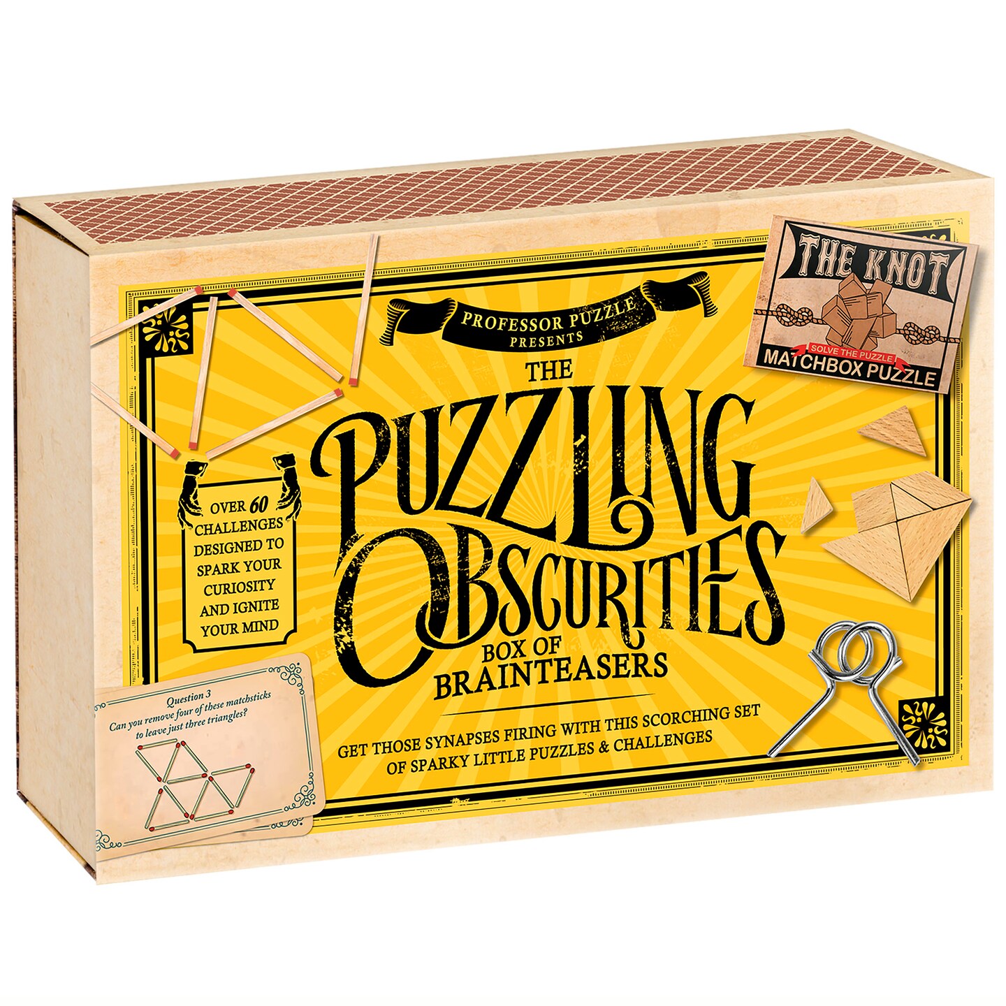 Professor Puzzle: The Puzzling Obscurities Box of Brainteasers - 10 Pocket-Sized Matchboxes w/ 60 Challenges, Wood-Metal Pcs, Problem Solving, Ages 8+