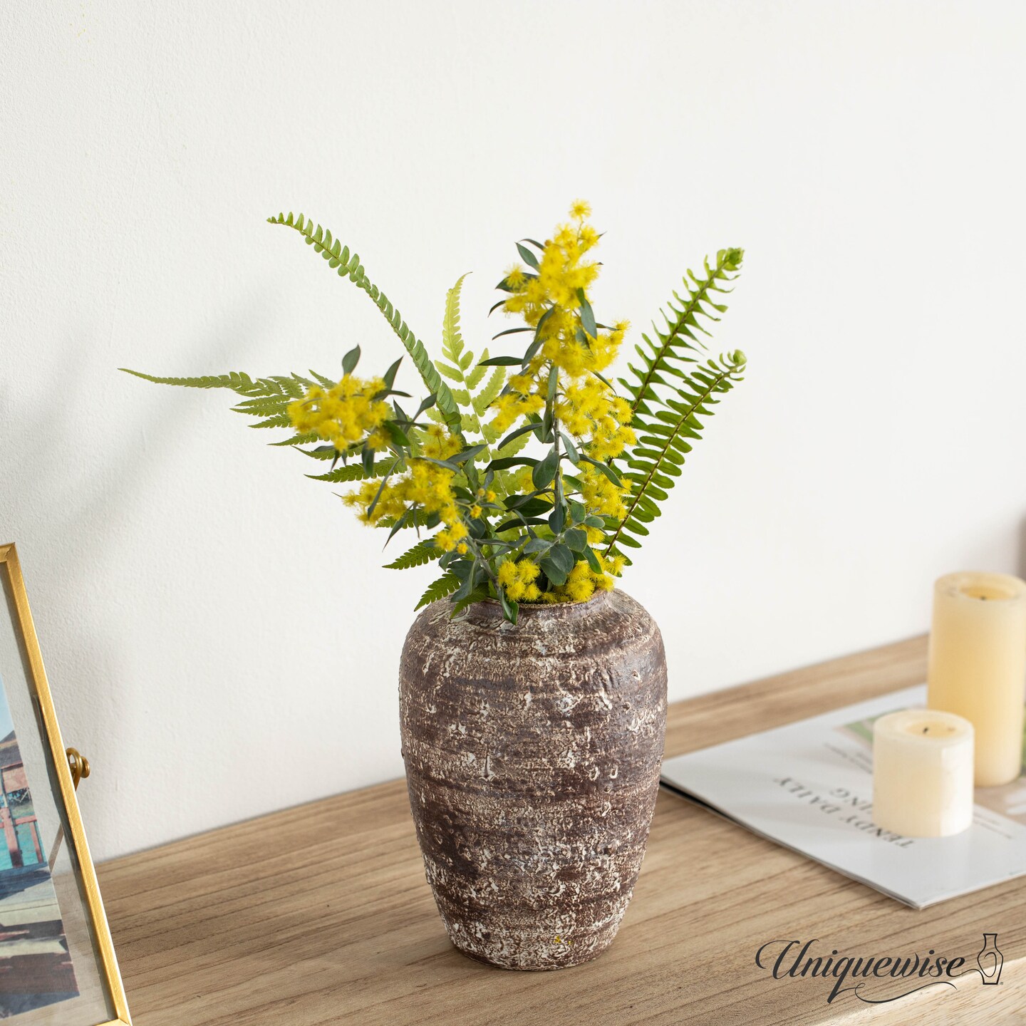 Uniquewise Textured Vintage Inspired Ceramic Vase Perfect for Displaying Faux Flowers Branches & Pampas Grass for Farmhouse Decor Living Room Bedroom Kitchen Office Dining Table Centerpiece, Brown