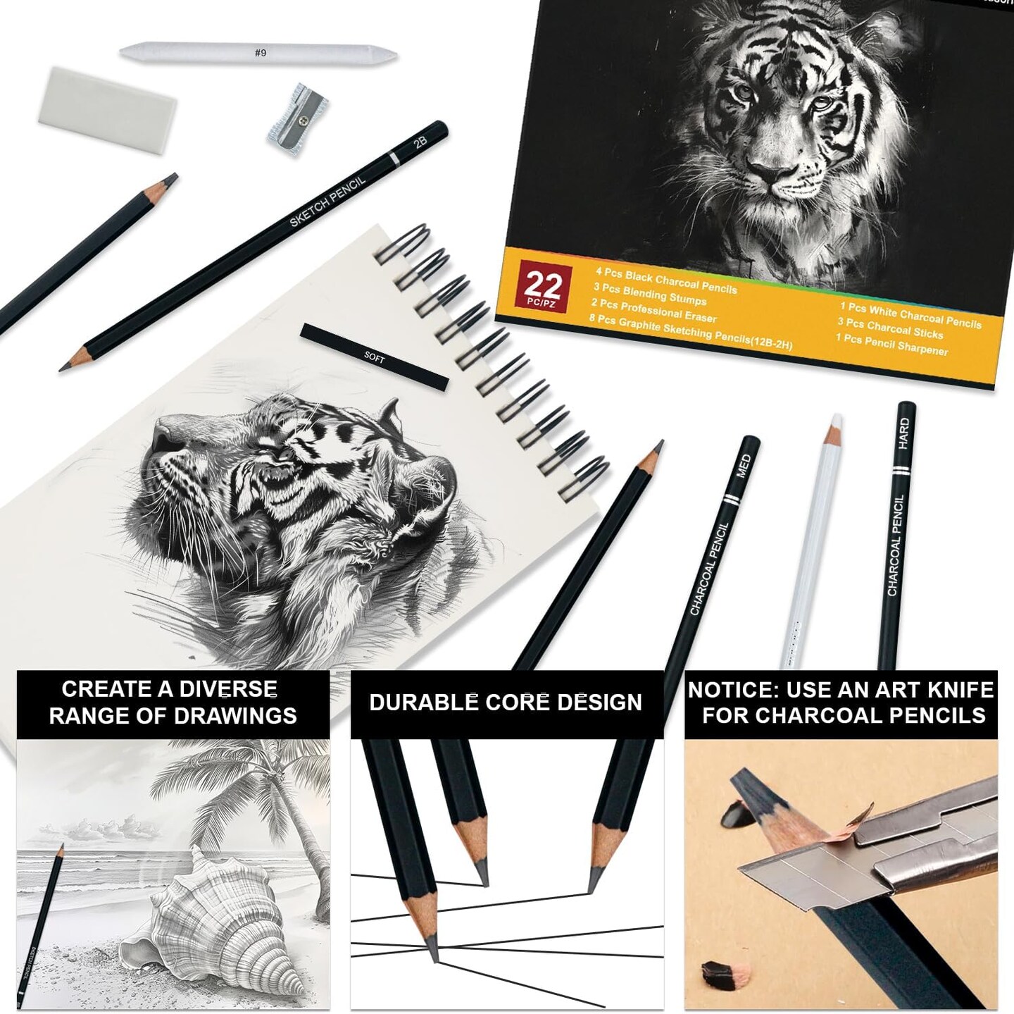 Charcoal Pencils for Drawing, Set of 22