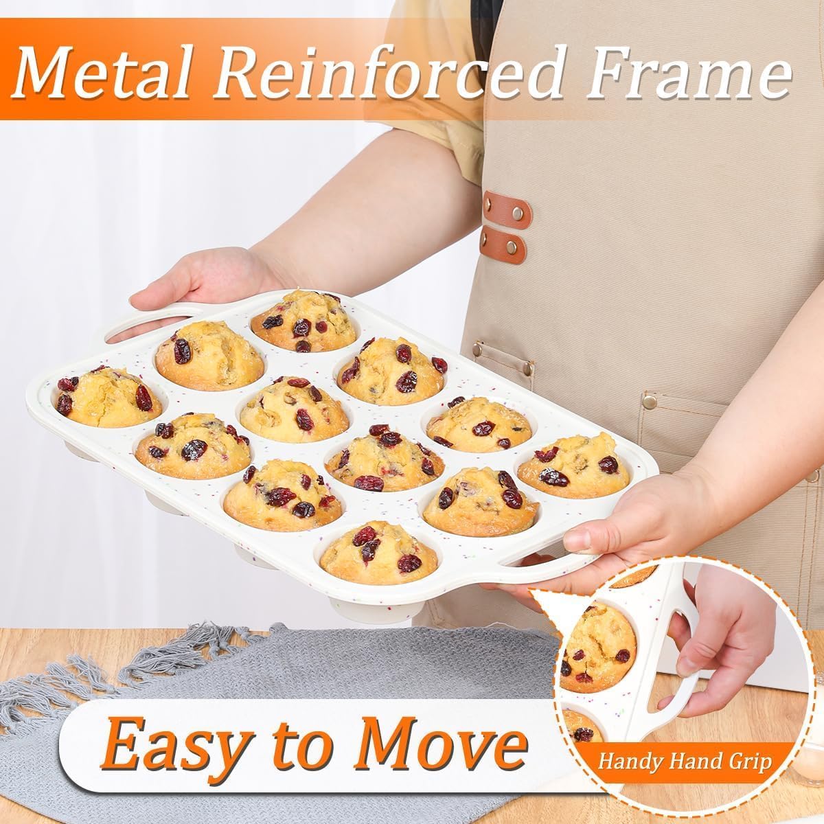 Silicone Muffin Pan, Metal Reinforced Frame Regular Size 2.8 Inch Cupcake Pan with Handle 12 Cups Nonstick Muffin Tray for Baking BPA Free 1 Pack Confetti