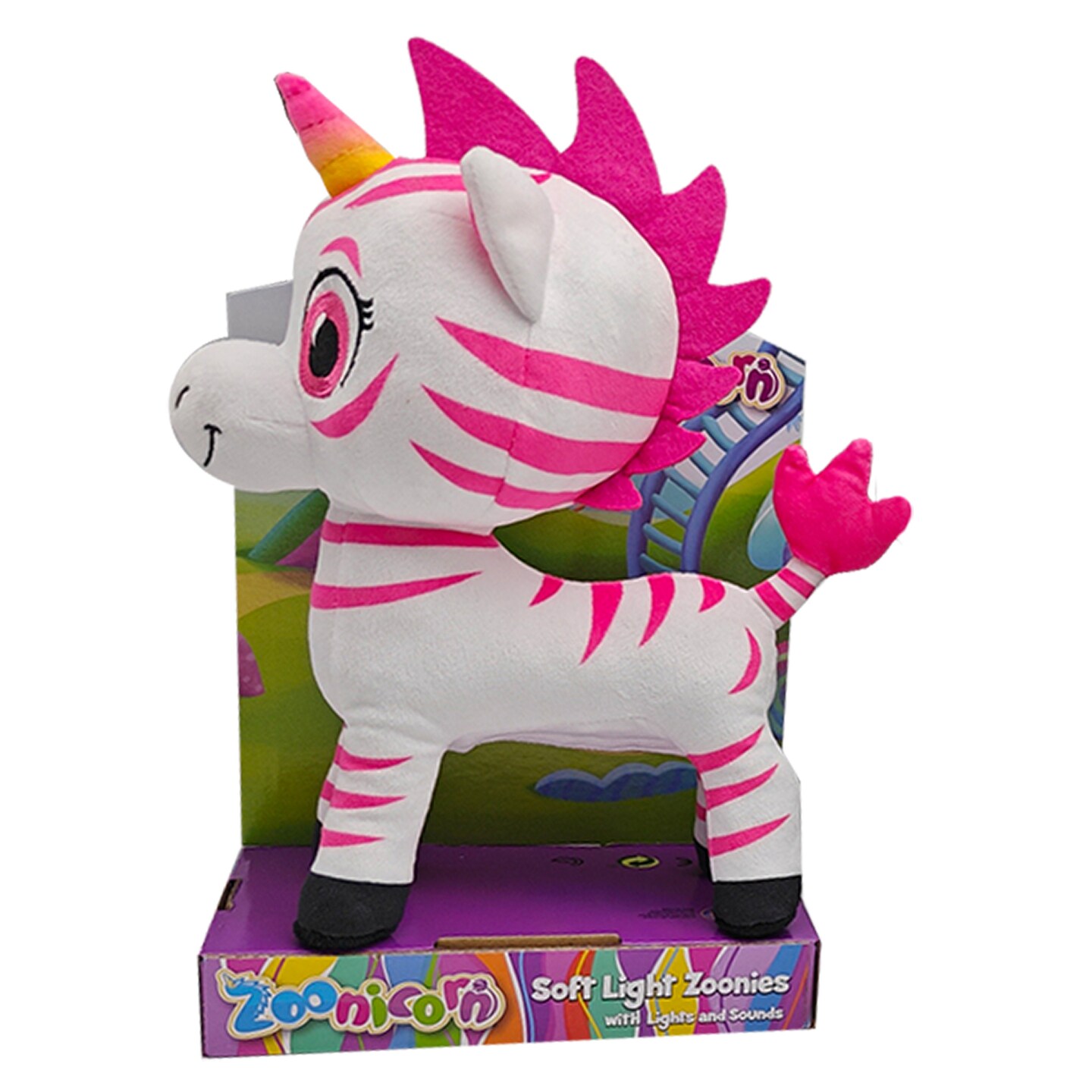 Zoonicorn: Soft Light Zoonies - Assorted Character Plush (Pink Aliel Or Green Ene) - Light-Sound Cuddly Stuffed Figure, LED Horn, Plays Music, Kids 3+