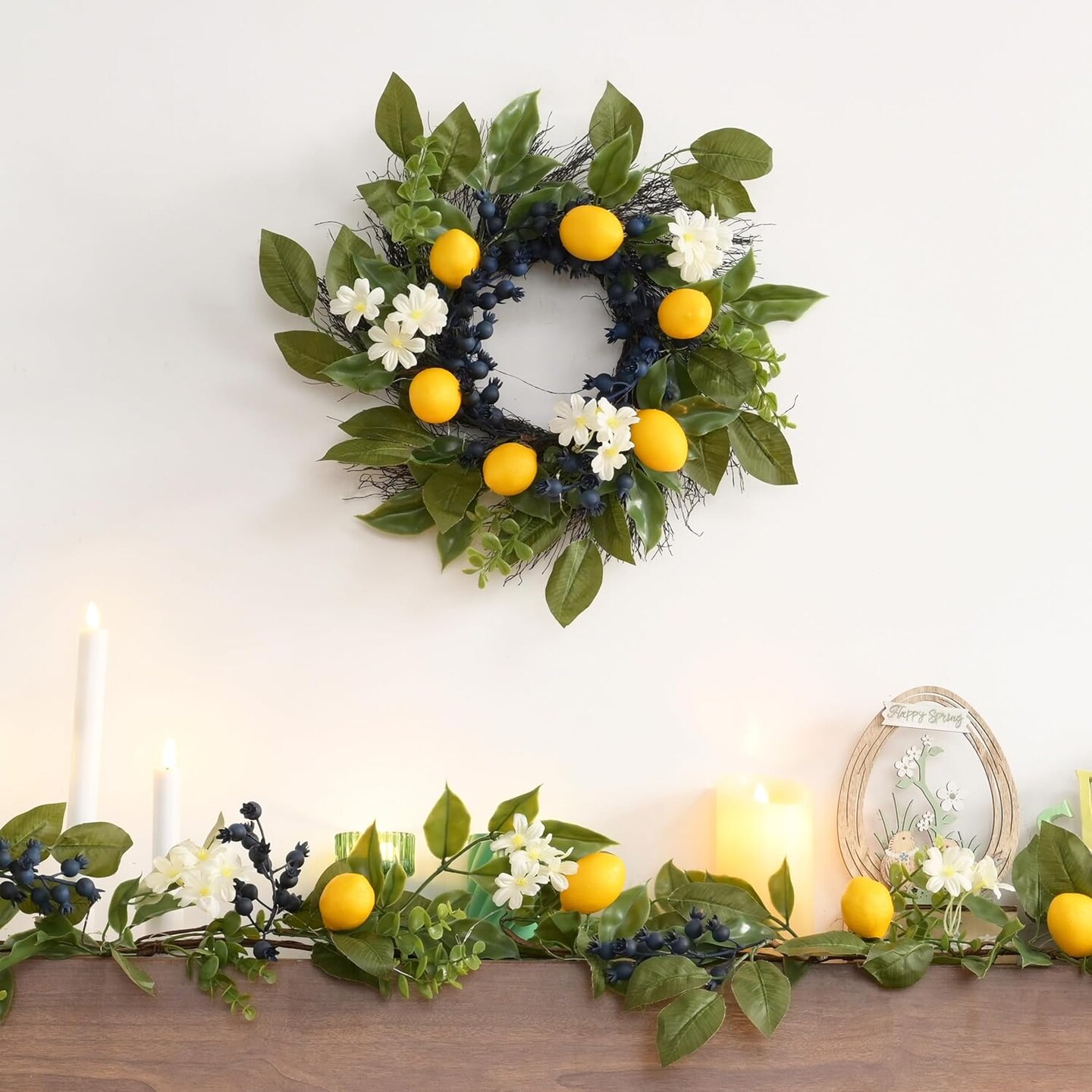 Spring Artificial Lemon Wreaths for Front Door with Lights