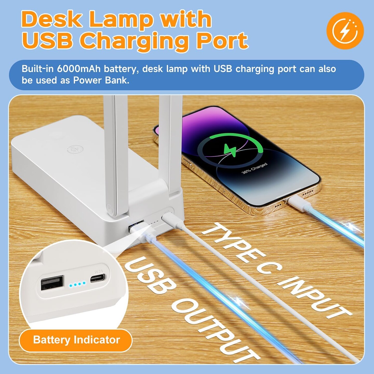 Small Desk Lamp, 6000 mAh Rechargeable Desk Lamps, 3 Colors &#x26; 15 Brightness Portable Light with Wireless Charger, Nail Lamp for Desk Puzzle Light