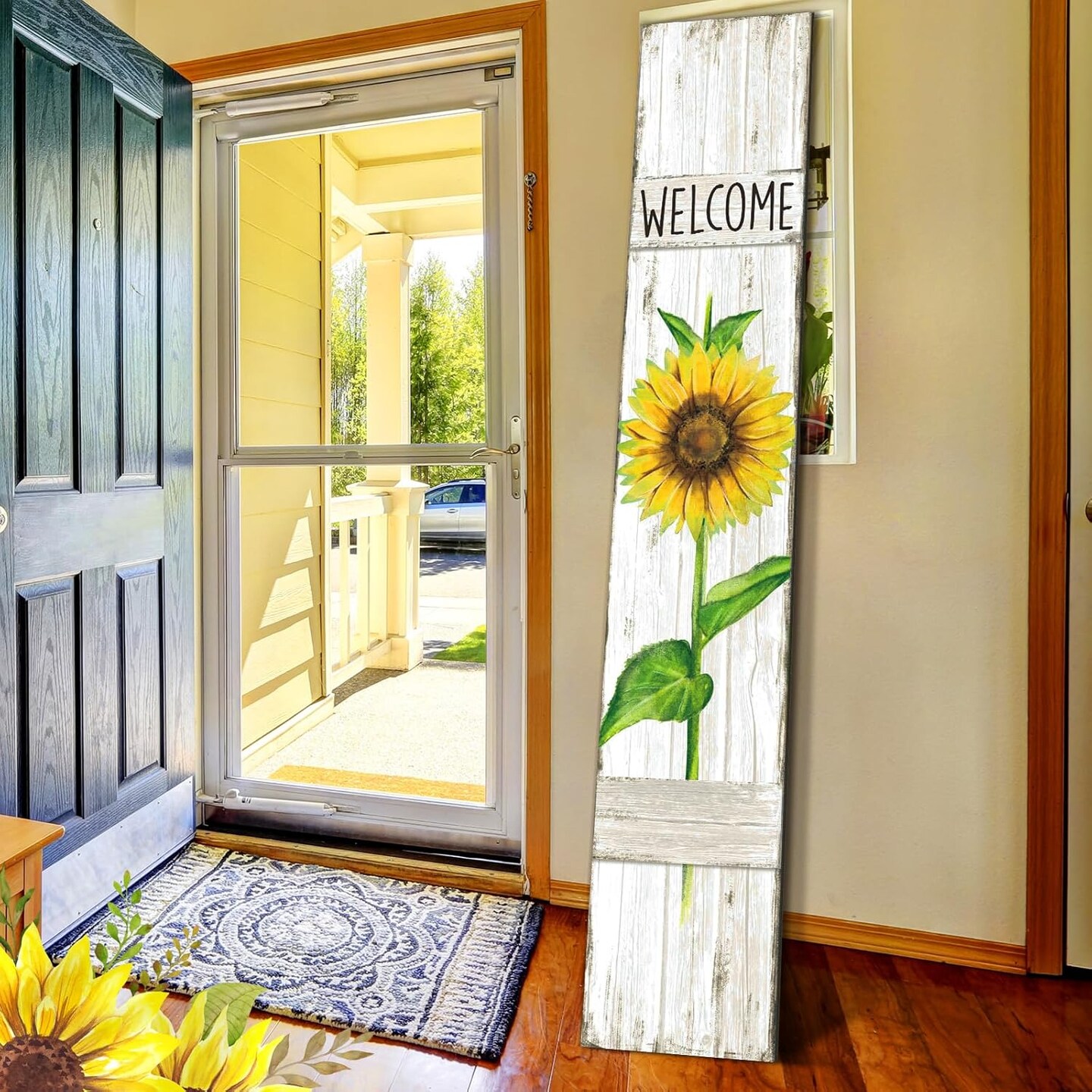 Spring Summer Porch Sign Sunflower Wooden Welcome Sign for Front Porch Standing Vertical Sign Rustic Spring Decor with White Background for Farmhouse Door Decoration, 42&#x22; H