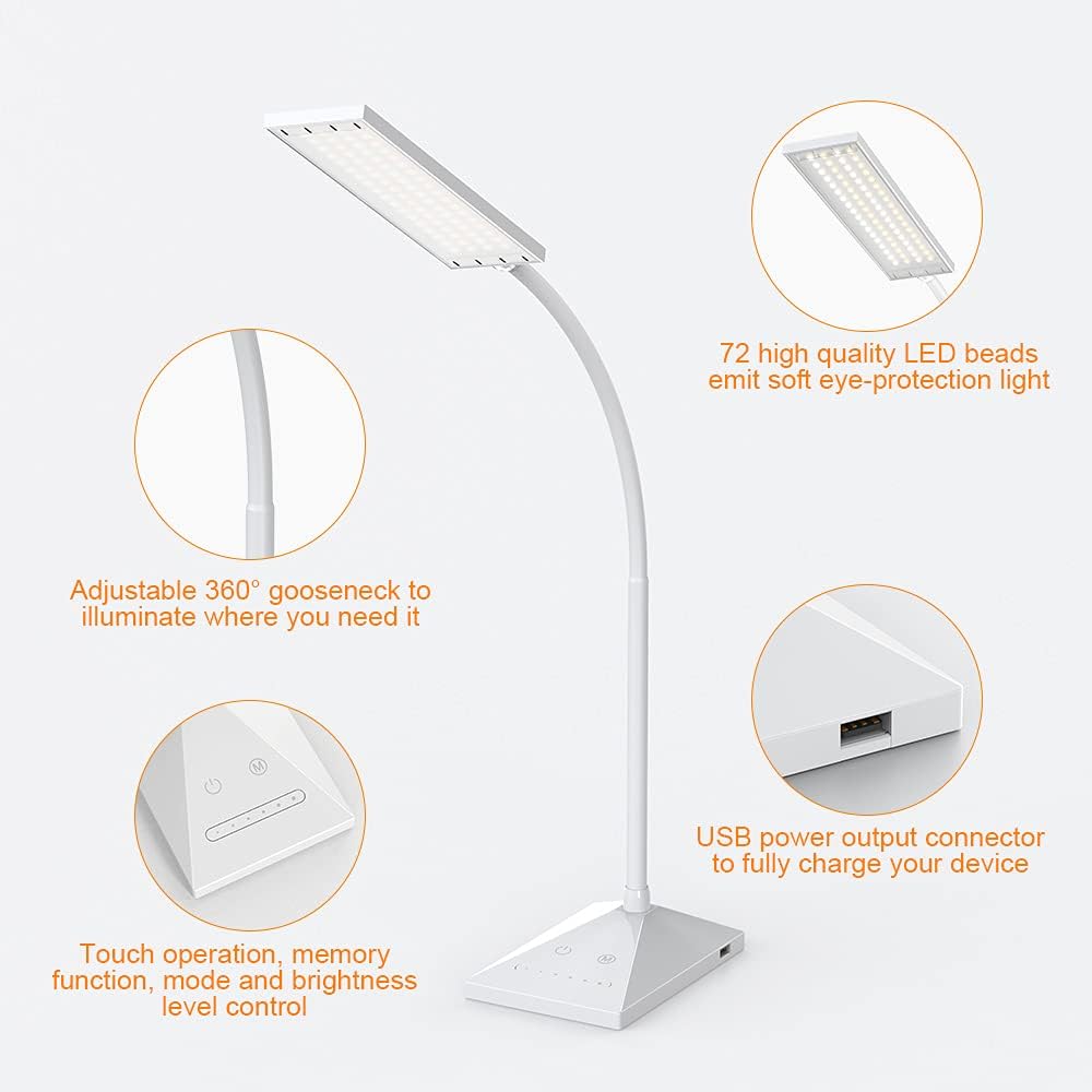 LED Desk Lamp with USB Charging Port, Eye-Caring, 5 Color Modes,6 Brightness Levels, Touch Control, Flexible Gooseneck, Memory Function for Dorm Office Work Bedroom