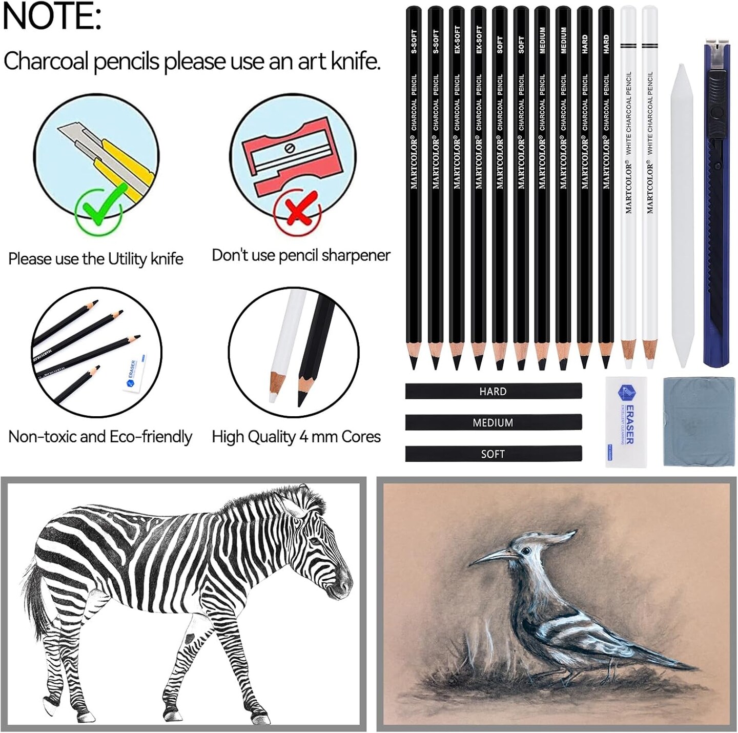 Charcoal Drawing Set, 19 Pieces, Black &#x26; White Charcoal Pencils for Drawing