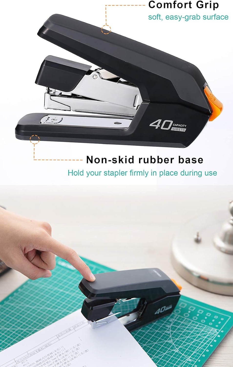 Effortless Desktop Stapler, 40 Sheet Capacity, One Finger Touch Stapling, Easy to Load Ergonomic Heavy Duty Stapler, Includes 1500 Staples and Staple Remover