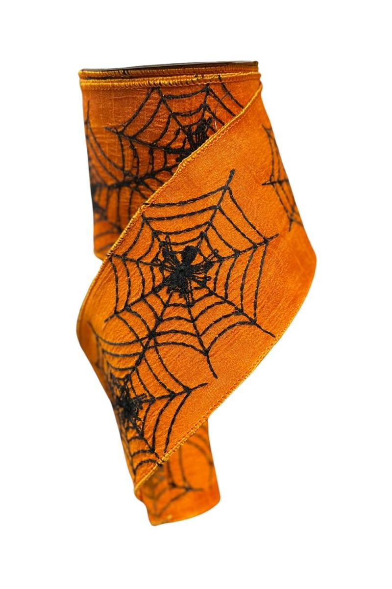 4&#x22; Embroidered Spider Web Ribbon: Orange (10 Yards)