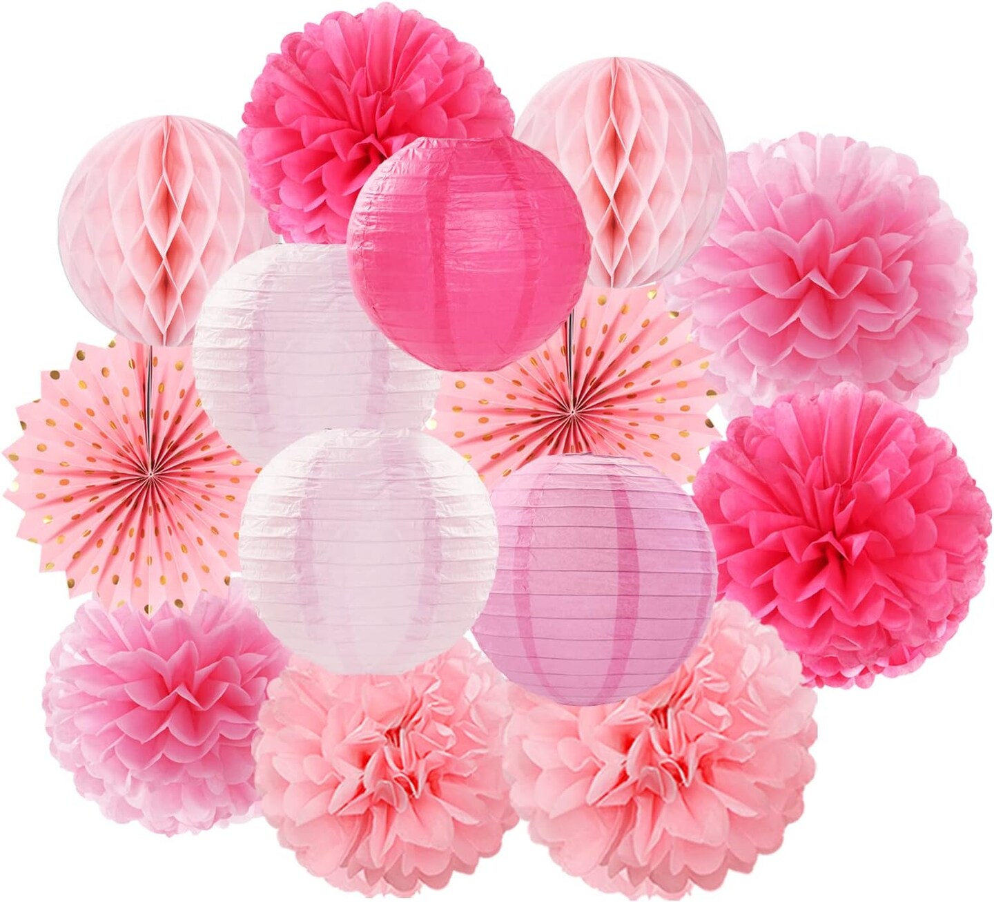 Rose Hot-Pink Party Decorations Streamers - 14pcs Girl Birthday Baby Shower Paper Lanterns Fan,Tissue Pom Poms,Honeycomb Balls,Bachelorette Bridal Wedding Engagement Supplies Decor