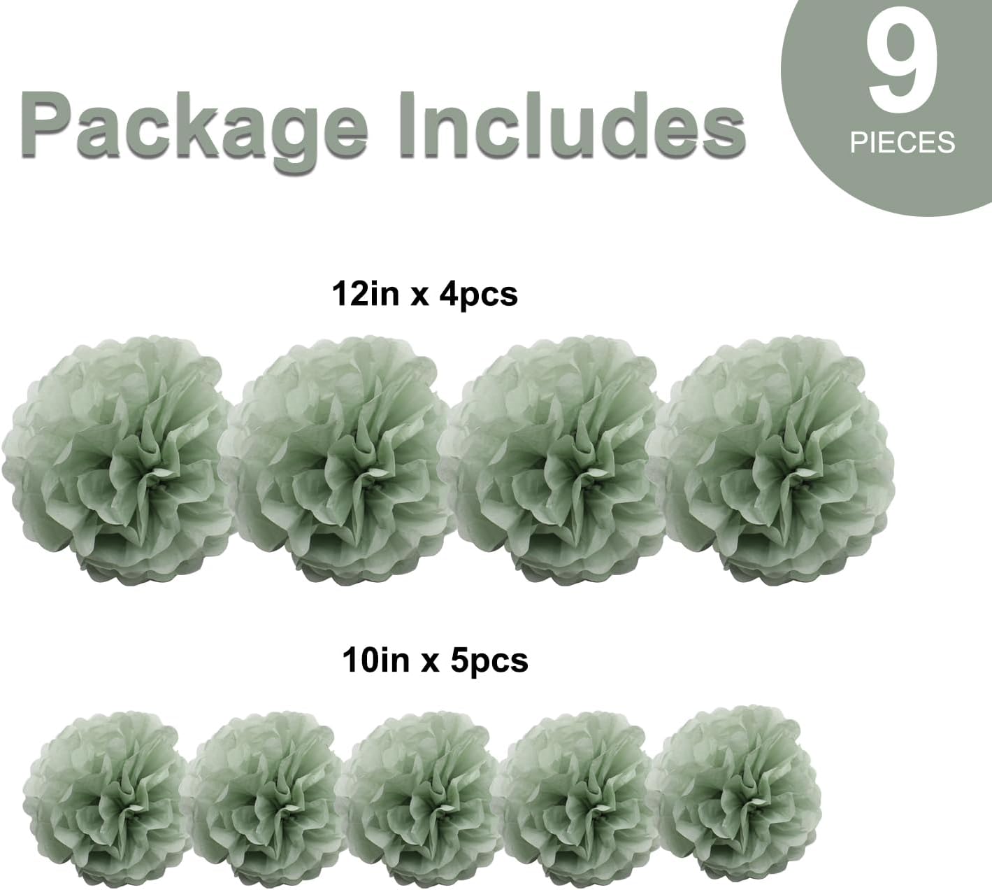 9PCS Dusty Sage Green Tissue Paper Pom Poms Flowers Wall Hanging Backdrop Streamers for Botanical Neutral Baby Shower Wedding Birthday Bridal Shower Nursery Room Garden Décor
