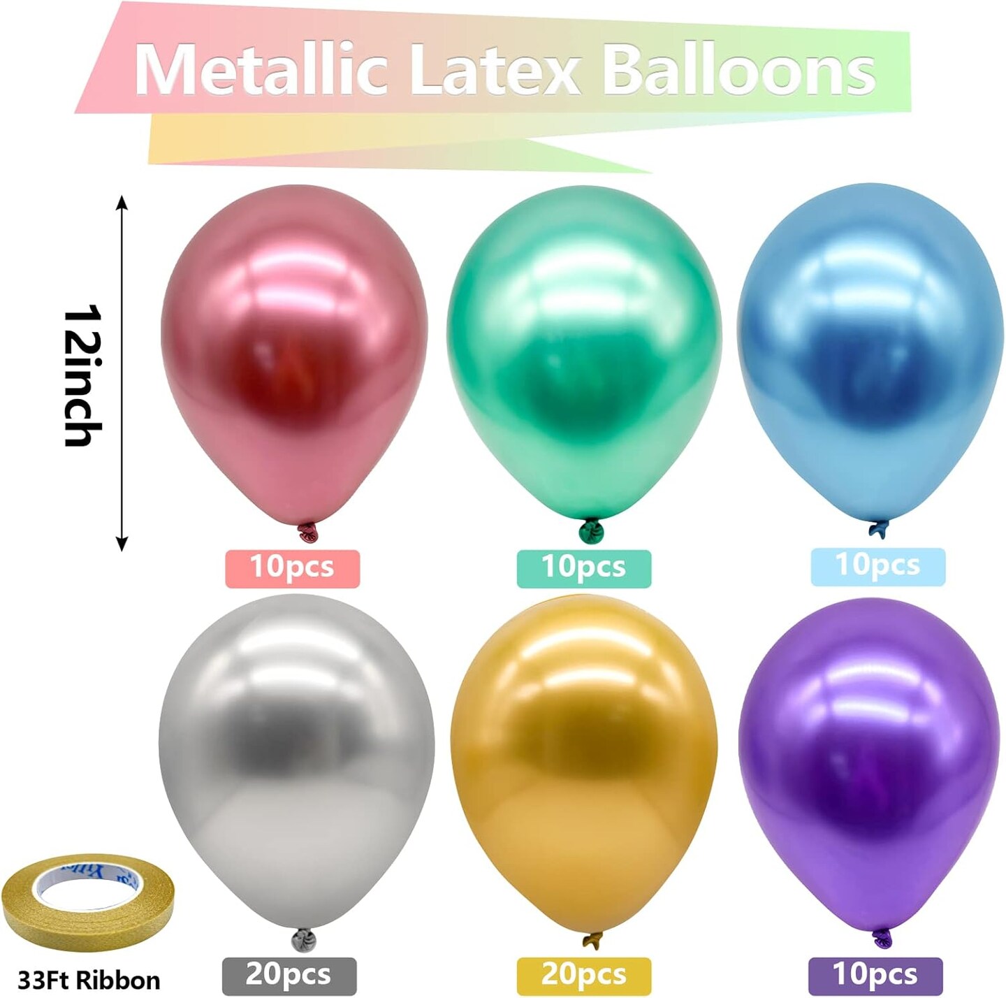 Metallic Chrome Latex Balloons, 100 Pack 12 inch Assorted Balloons Colorful Party Balloons for Birthday Baby Shower Wedding Decorations