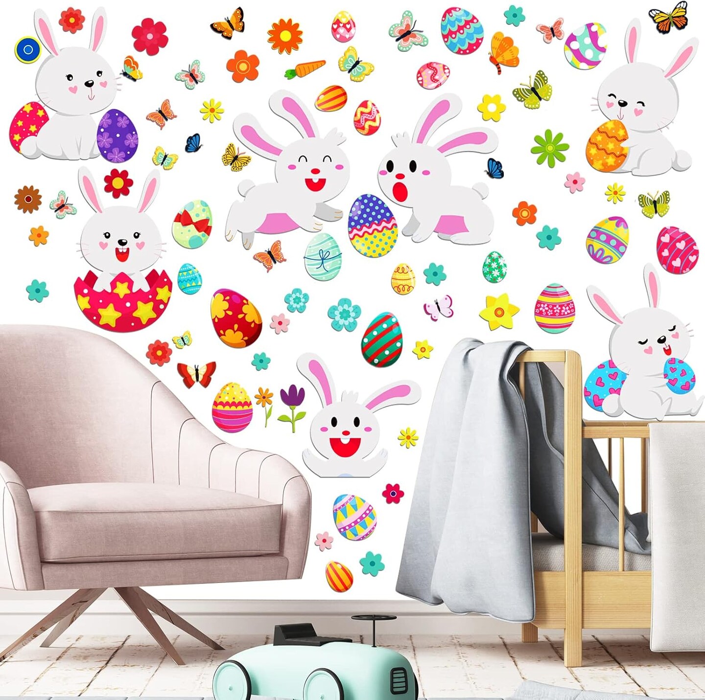 103-Piece Easter Wall Decals – 6 Sheets of Bunnies & Eggs Stickers for Bedroom, Living Room & Home Decor