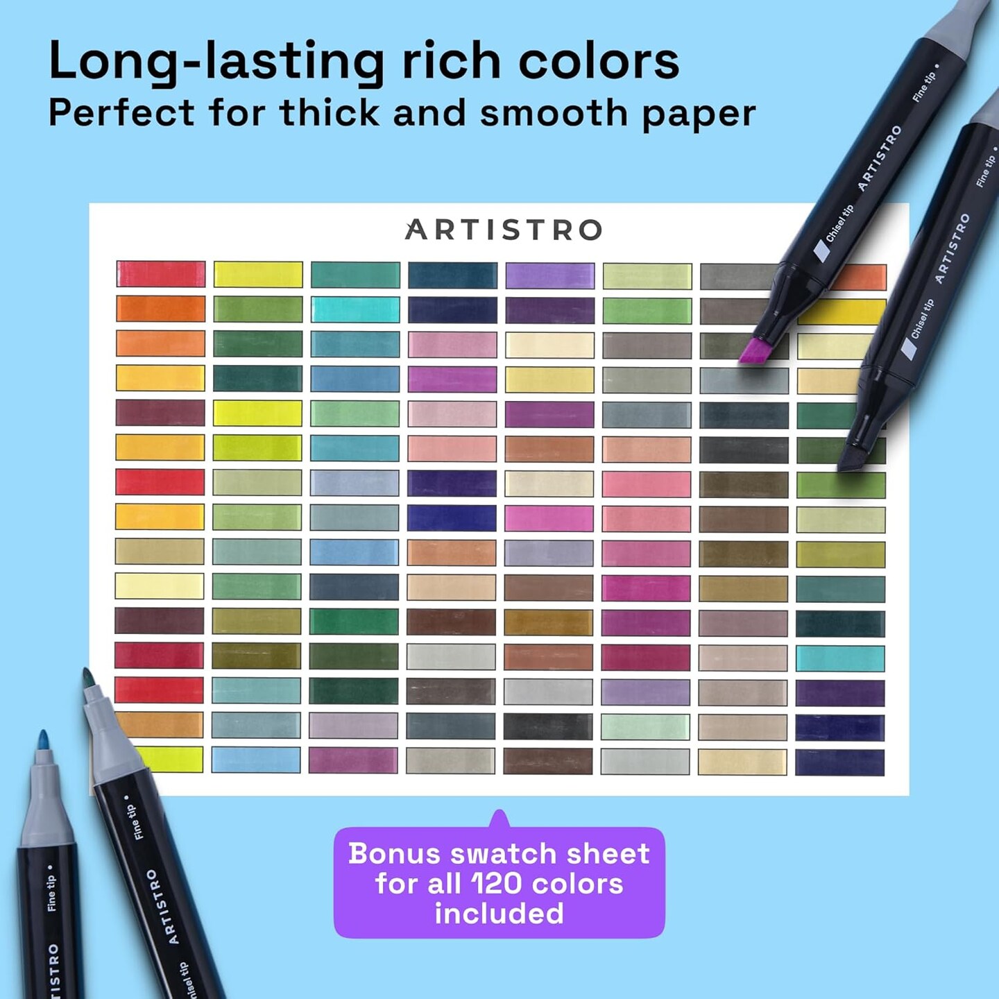 120 Dual-Tip Alcohol Markers - Alcohol-Based Pens Set, Chisel + Fine Tip, Quick Dry, Carrying Case Included