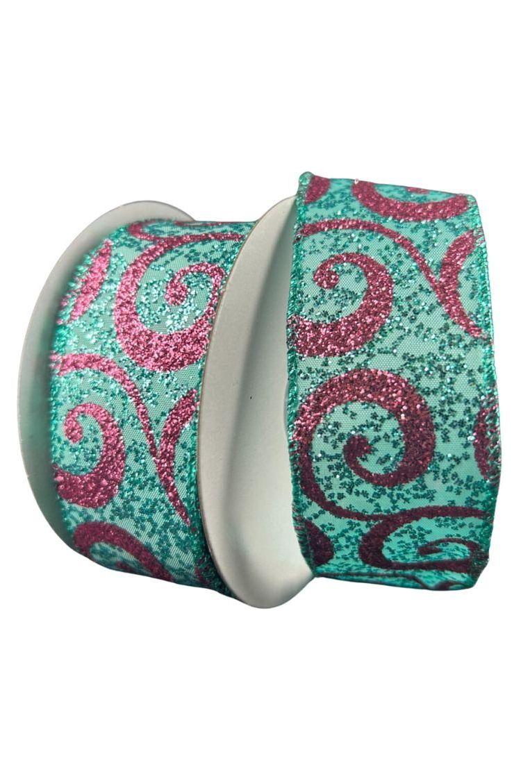 1.5&#x22; Pink Glitter Swirl Ribbon: Teal (10 Yards)
