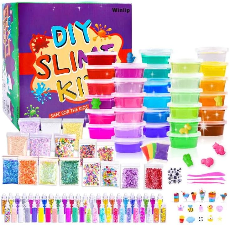 Slime Supplies Kit, 135 Pack Slime Making Kit 30 Crystal Slime, Glitter Jars, Charms, Sugar Paper, Foam Beads, Fishbowl Beads, Toy Cups, Slices, Air Dry Clay and Tools for Kids Girls