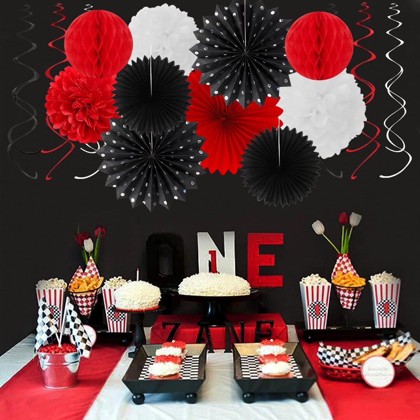Black White Orange Halloween Party-Decorations - 33pcs Birthday Banner,Streamers Tassel Garland,Paper Lantern Fans,Tissue Pom Poms,Bachelorette Baby Bridal Shower Graduations Backdrop Decor