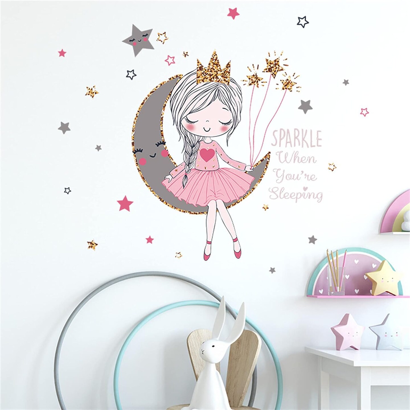 Colorful Cute Lovely Wall Stickers for Kids Peel and Stick Removable Wall Decals DIY Decorations Decor for Nursery Baby Girls Bedroom Playroom Living Room (Girl Sitting On The Moon)