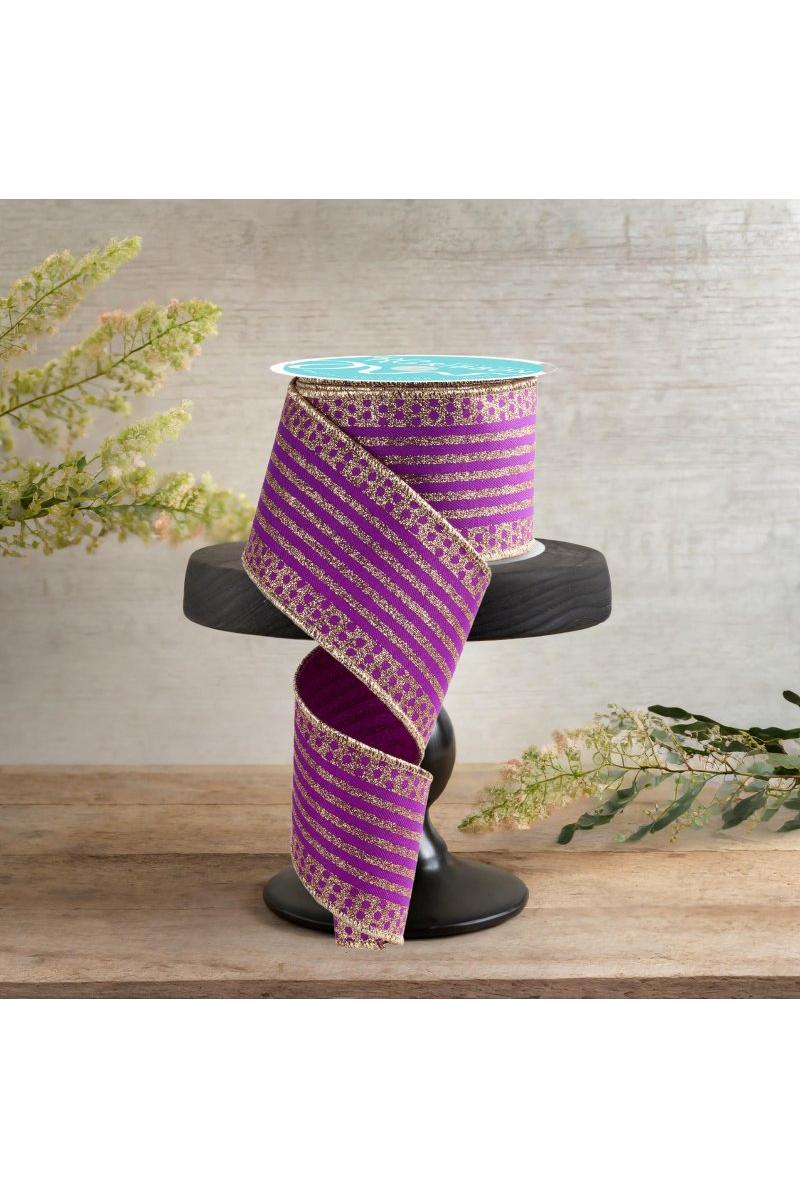 2.5&#x22; Vertical Stripe Polka Dot Edge Ribbon: Purple/Gold