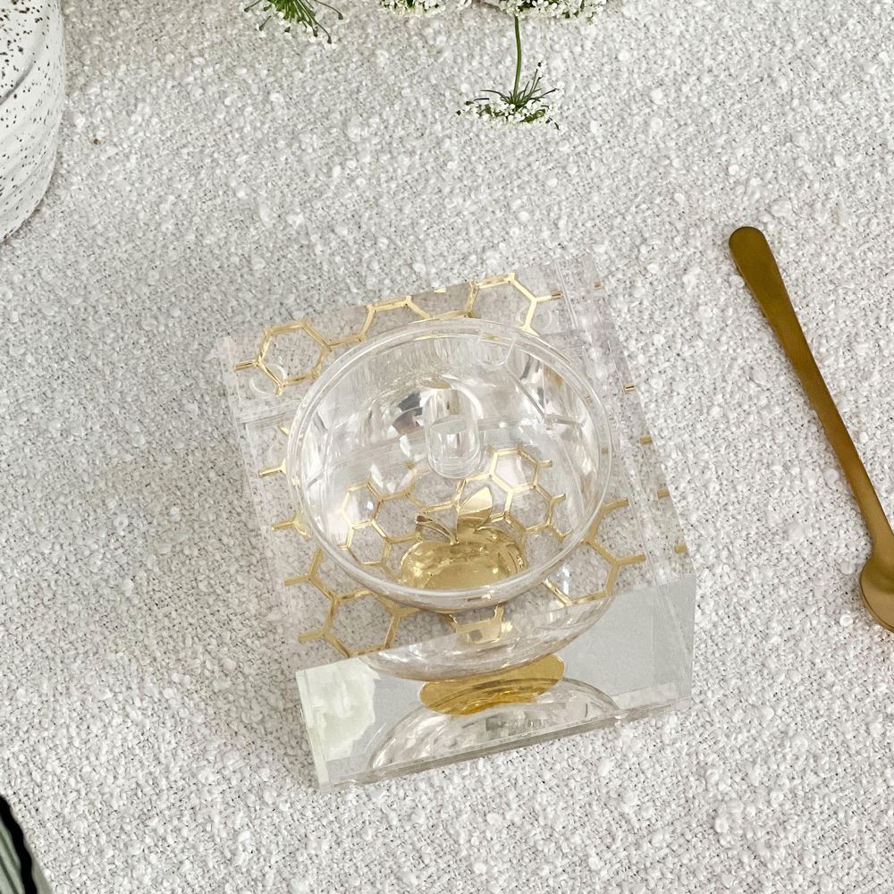 Lucite Square Honey Dish with Honeycomb &#x26; Apple Design