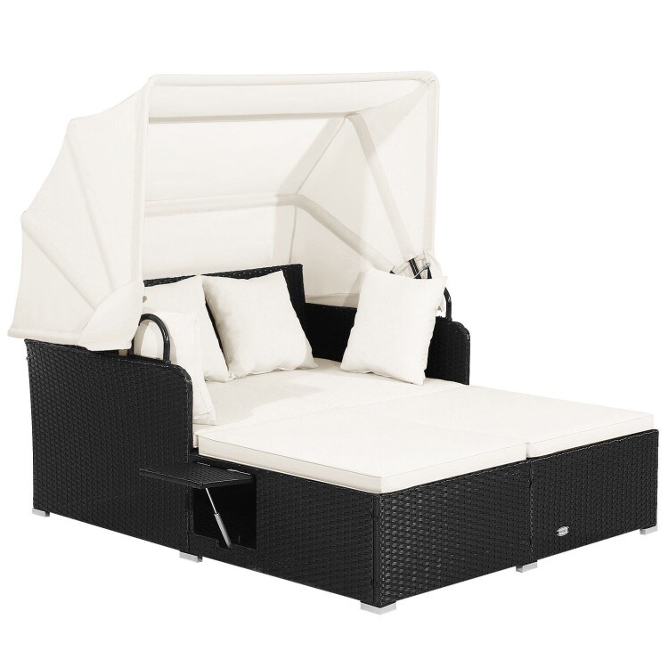 Outdoor Wicker Daybed Retractable Canopy Folding Trays