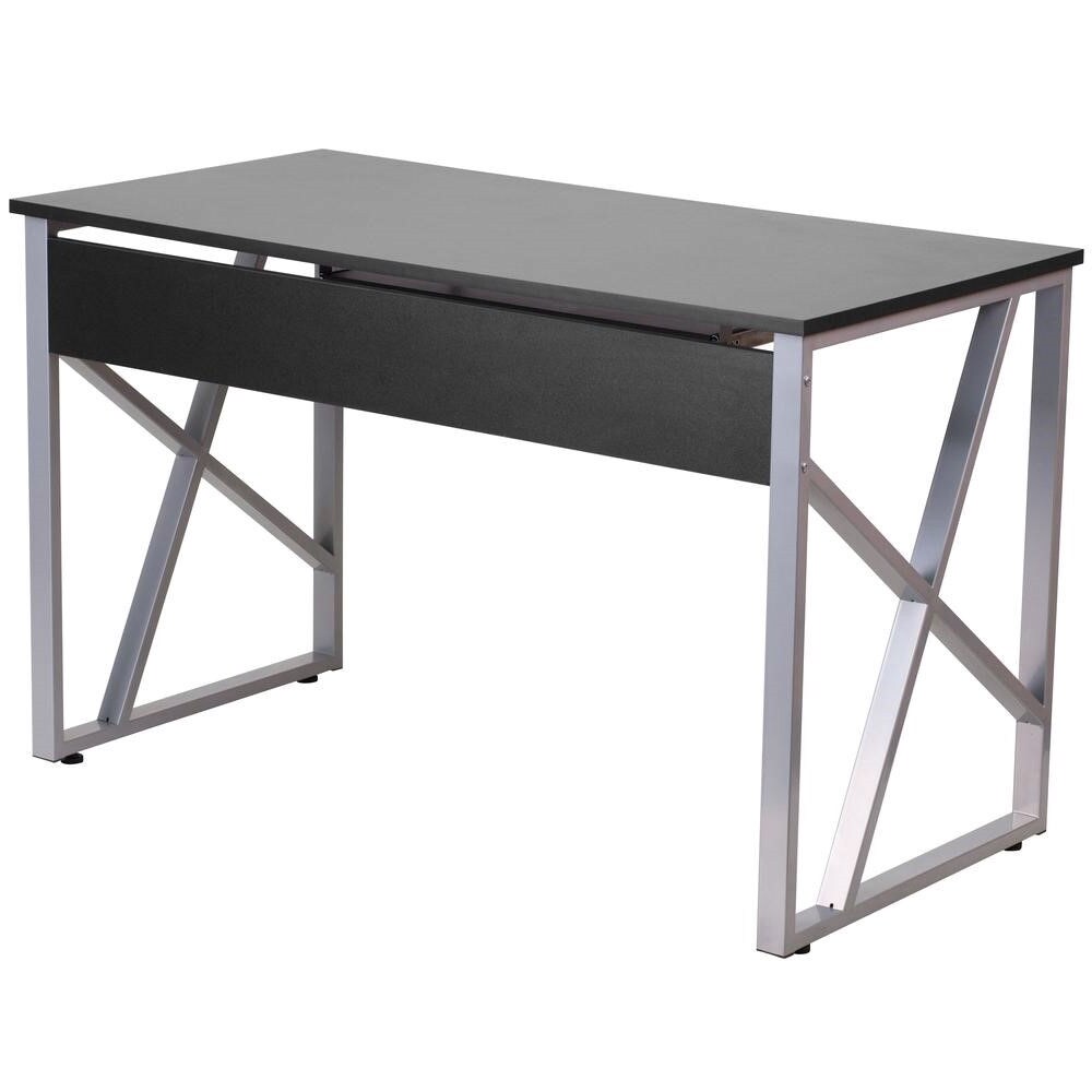 Black Laminate Office Desk with Sliding Keyboard Tray and Silver Powder-Coated Frame