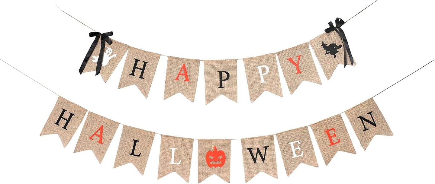 Michaels, Happy Halloween Burlap Banner Garland – Rustic Spooky Party Decorations with Black Bows for Indoor Outdoor Home, Office, Classroom, Mantel & Fireplace Decor – Category: Banners