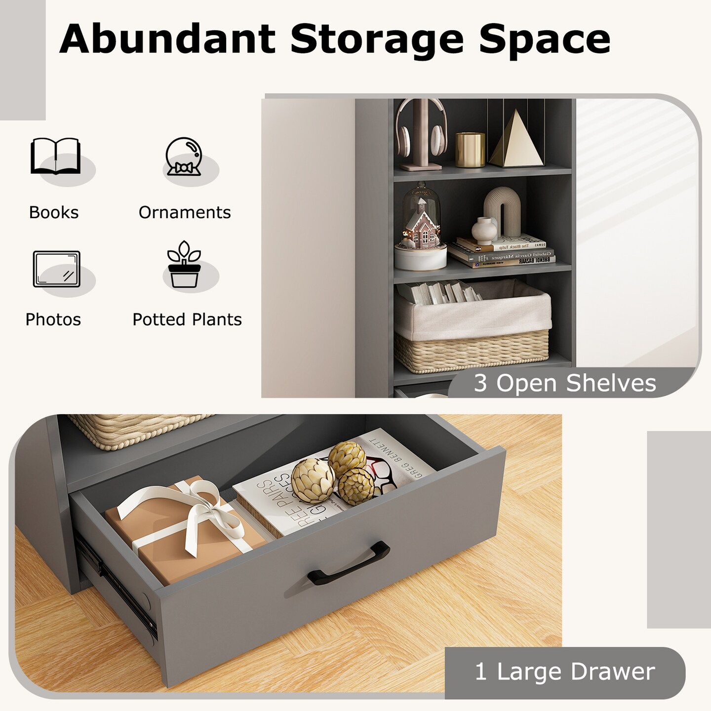 Costway 4-Tier Bookcase 48'' Display Bookshelf Storage Organizer with Shelves & Drawer Grey/White/Natural