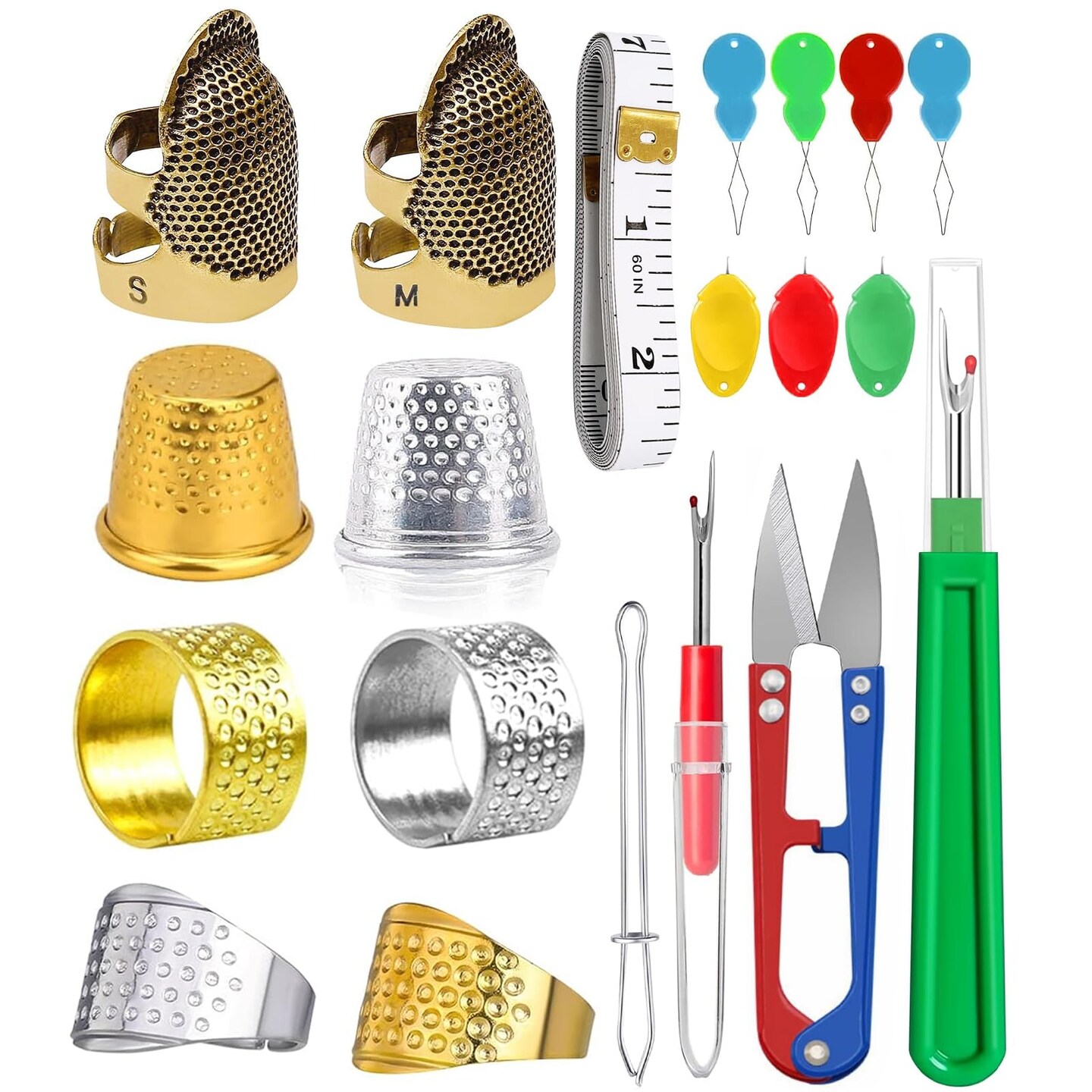 20 Pcs Sewing Thimble Kit,thimbles for Hand Sewing,Needle threaders,Seam Rippers for Sewing,Measuring Tape and Thread Snips, Hand Embroidery Craft(Complete Sewing Kit)