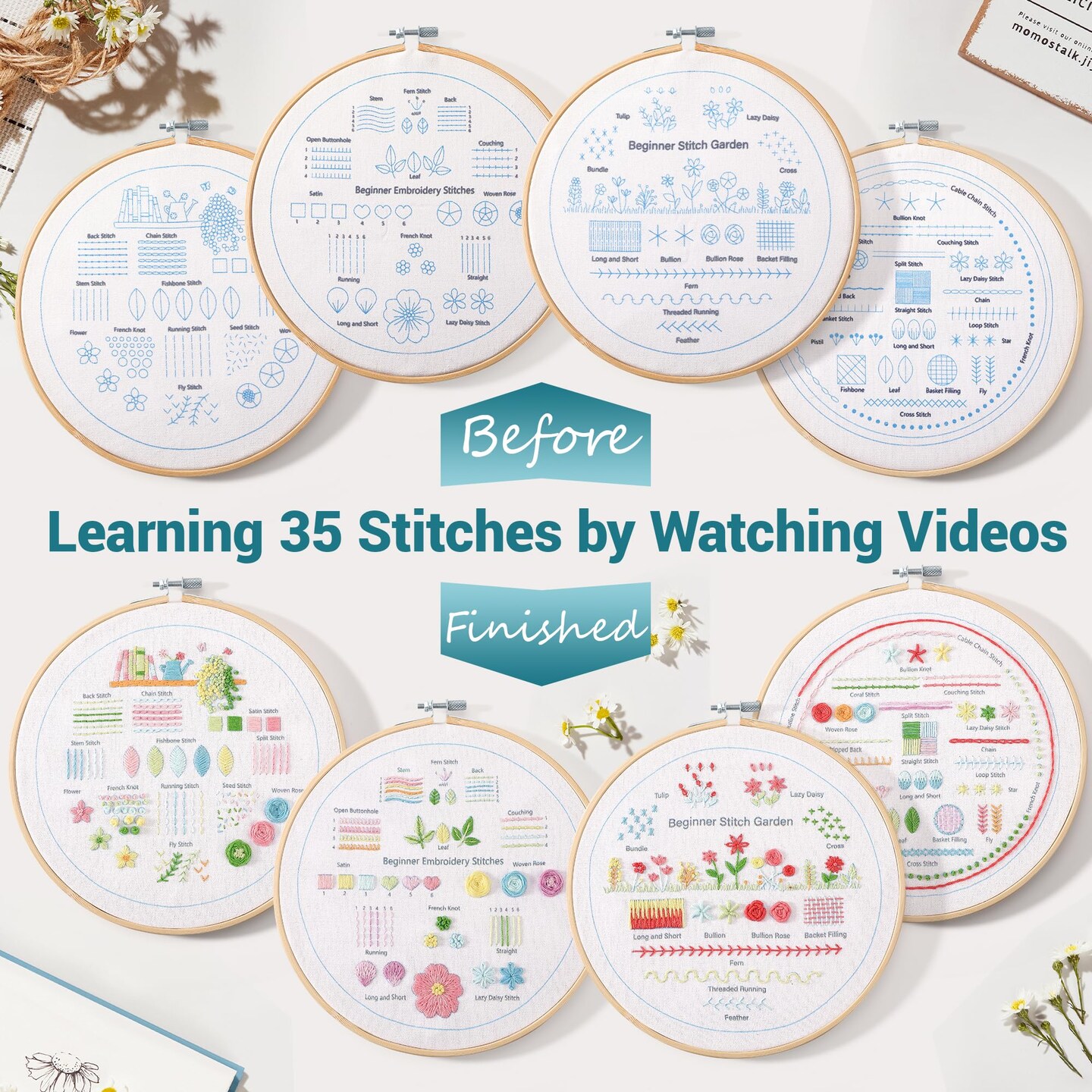 4 Sets Embroidery Kit for Beginners Adults, 35 Stitches Practice Kits Cross Stitch for Starter, DIY Hand Craft with Stamped Pattern, Bamboo Hoop, Threads, Needles, Scissors, Tools, Instruction