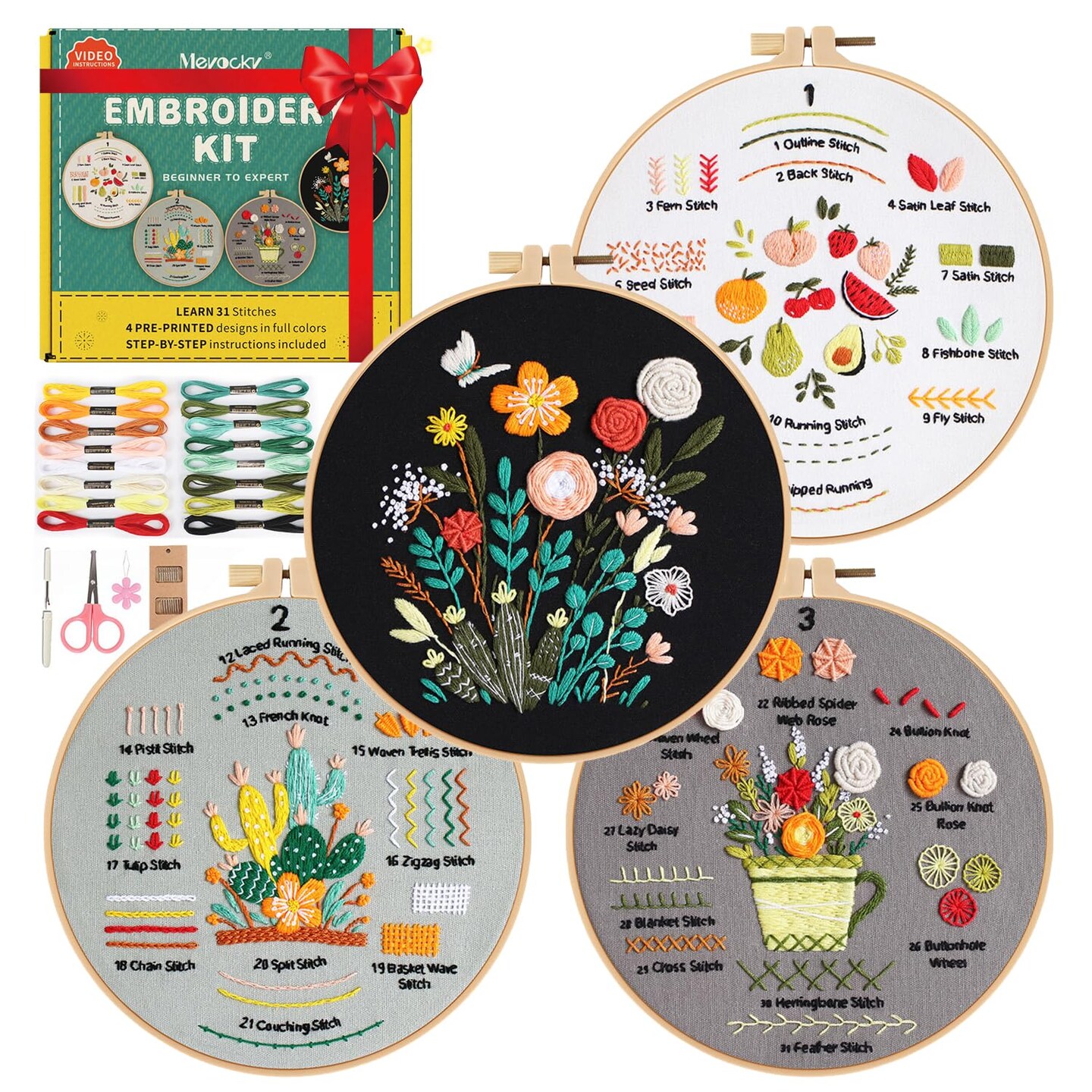 Embroidery Kit for Beginners, 4 Pack Starter Embroidery Kits for Adults Learn 31 Stitches, Beginner Embroider Practice Stitches Kit,DIY Hand Craft Needlework Gift for Women