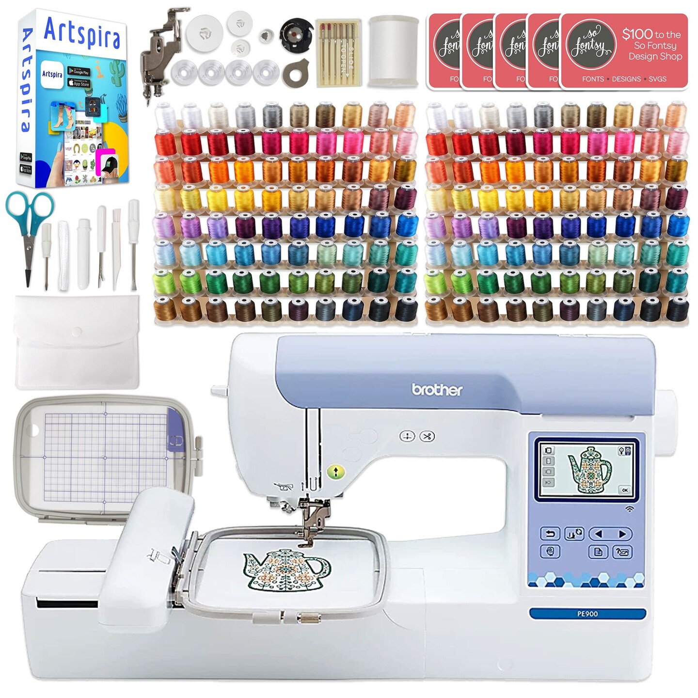 Brother PE900 5" x 7" Embroidery Machine with 160 Embroidery Spools Bundle