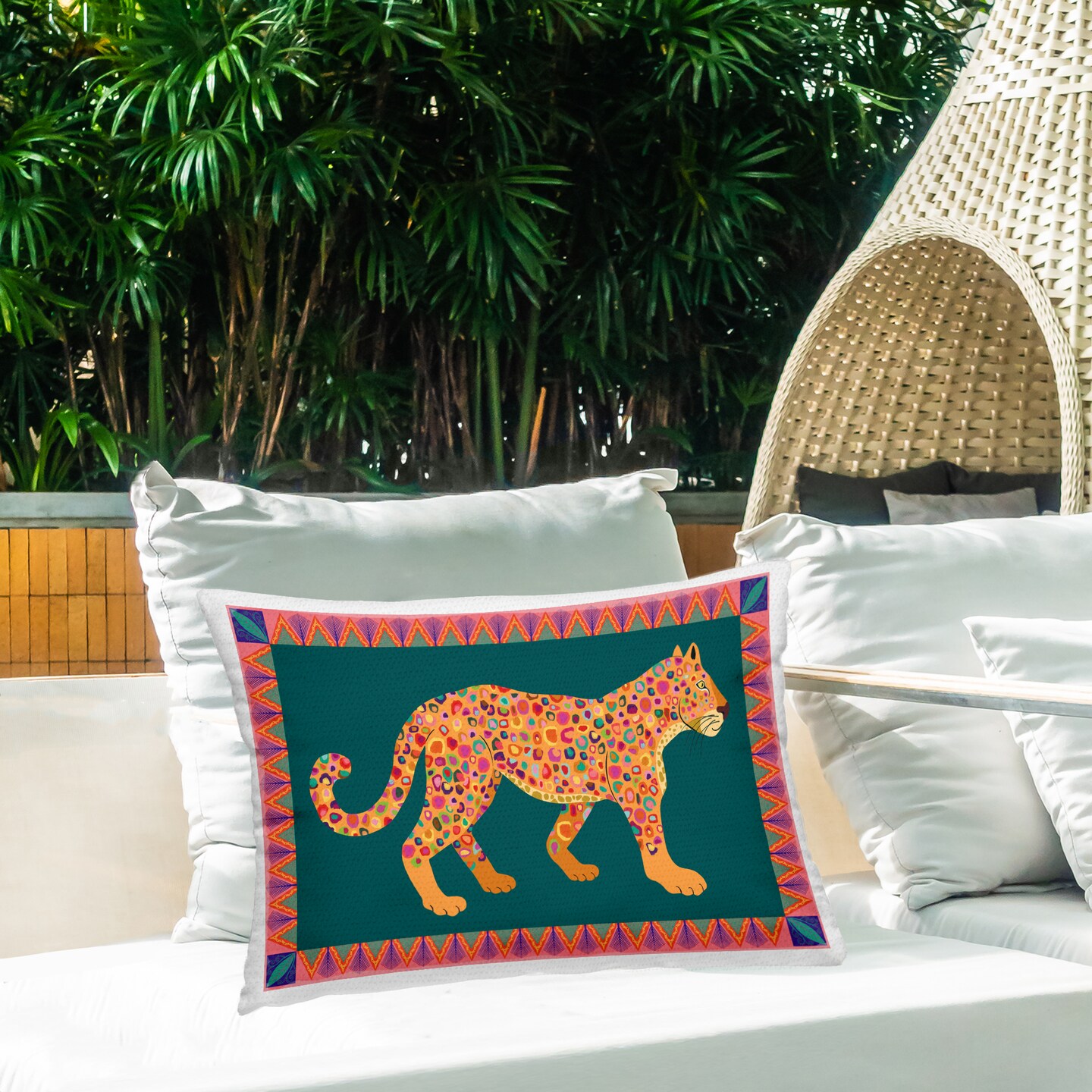 Bold Patterned Lion Outdoor Printed Pillow Design by Darlene Seale, 14 x 7 x 20